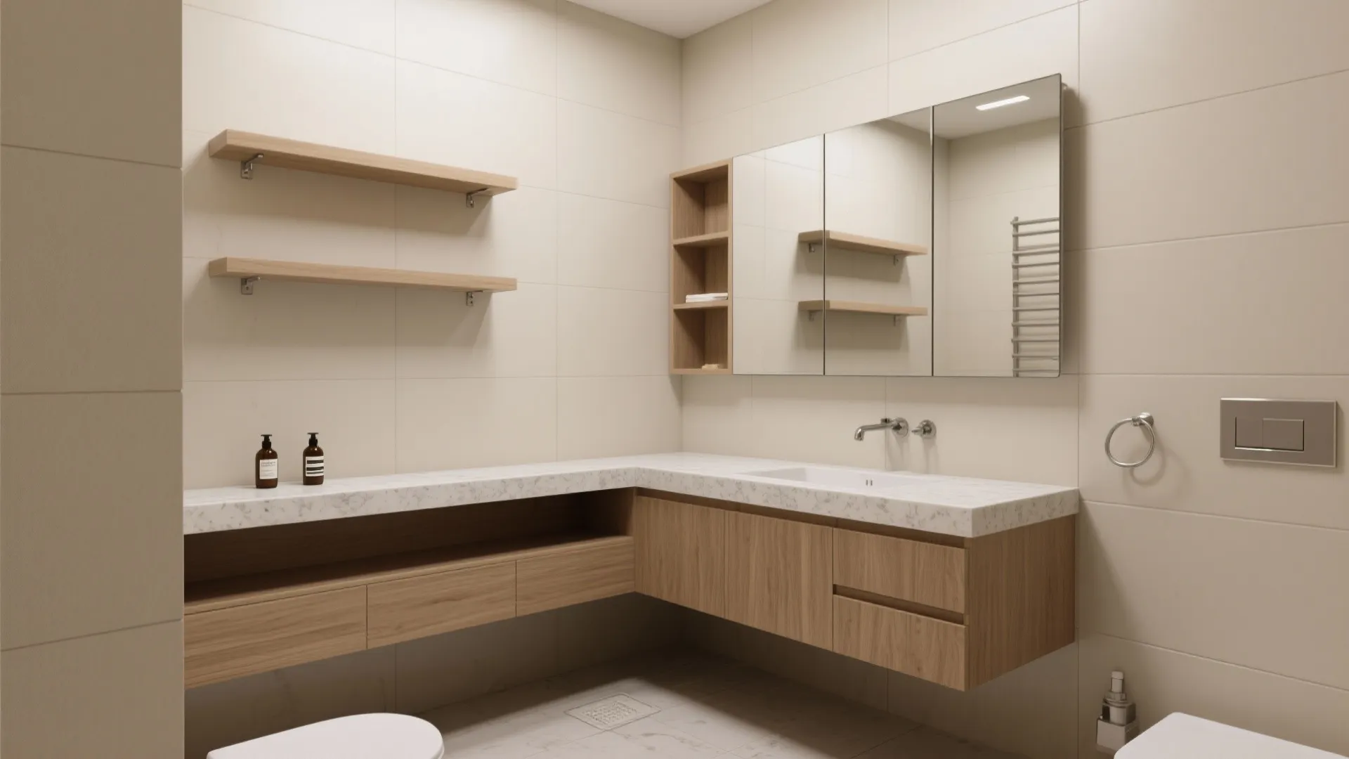 Small bathroom with wall-hung vanity and floating shelves in warm laminate finishes.