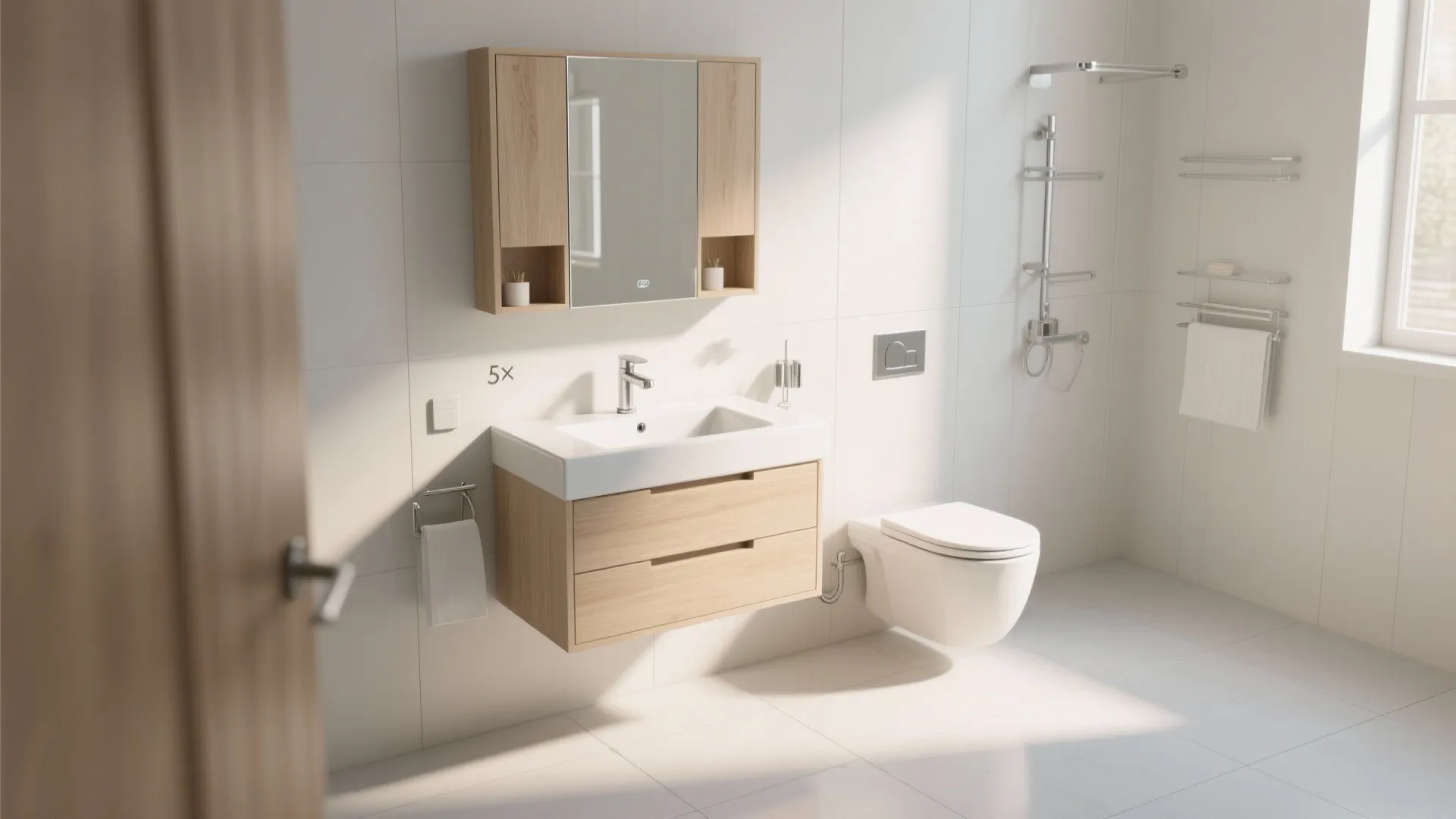 Bright bathroom interior design featuring wood cabinet white sink wall hung toilet and shower area