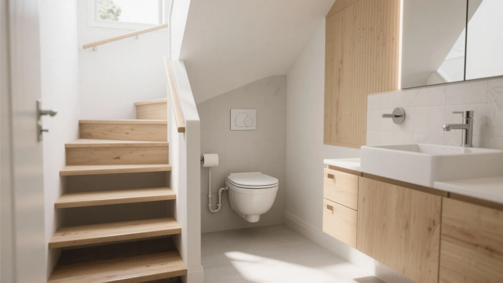 Modern small bathroom under wooden stairs with wall mounted toilet and light wood vanity cabinet
