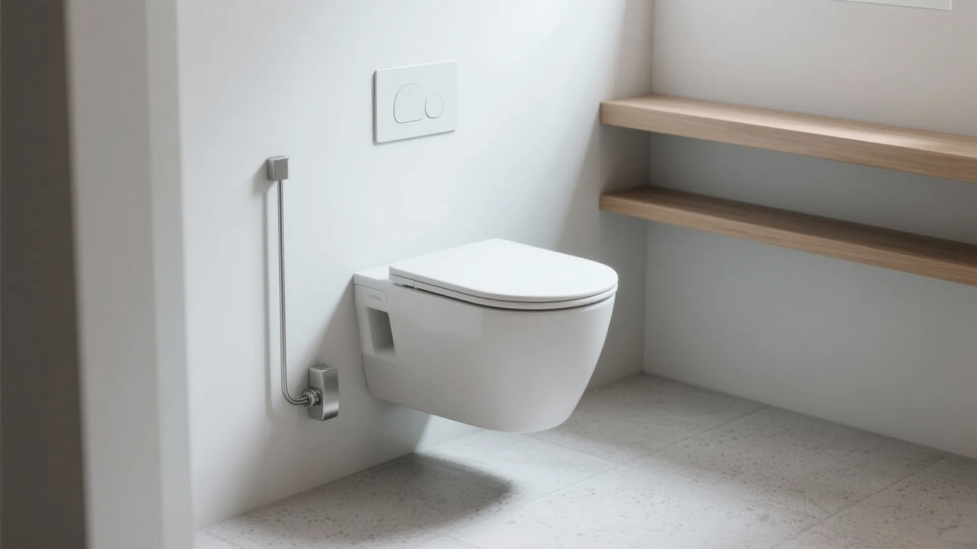 Minimalist white wall mounted toilet in clean bathroom with wooden shelves and light grey tiles