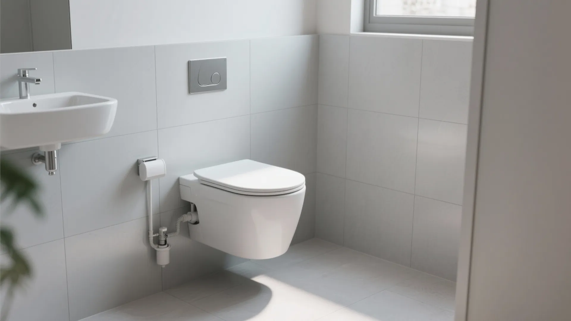 Wall-hung toilet with concealed cistern in a slim boxed-out wall, airy small powder room