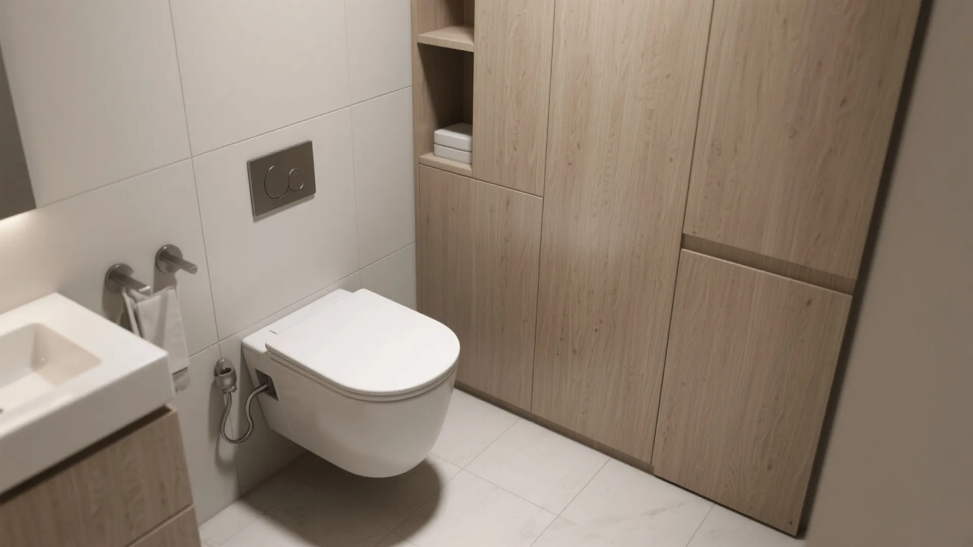 Modern white wall hung toilet in a bathroom with wooden cabinets and white wall tiles