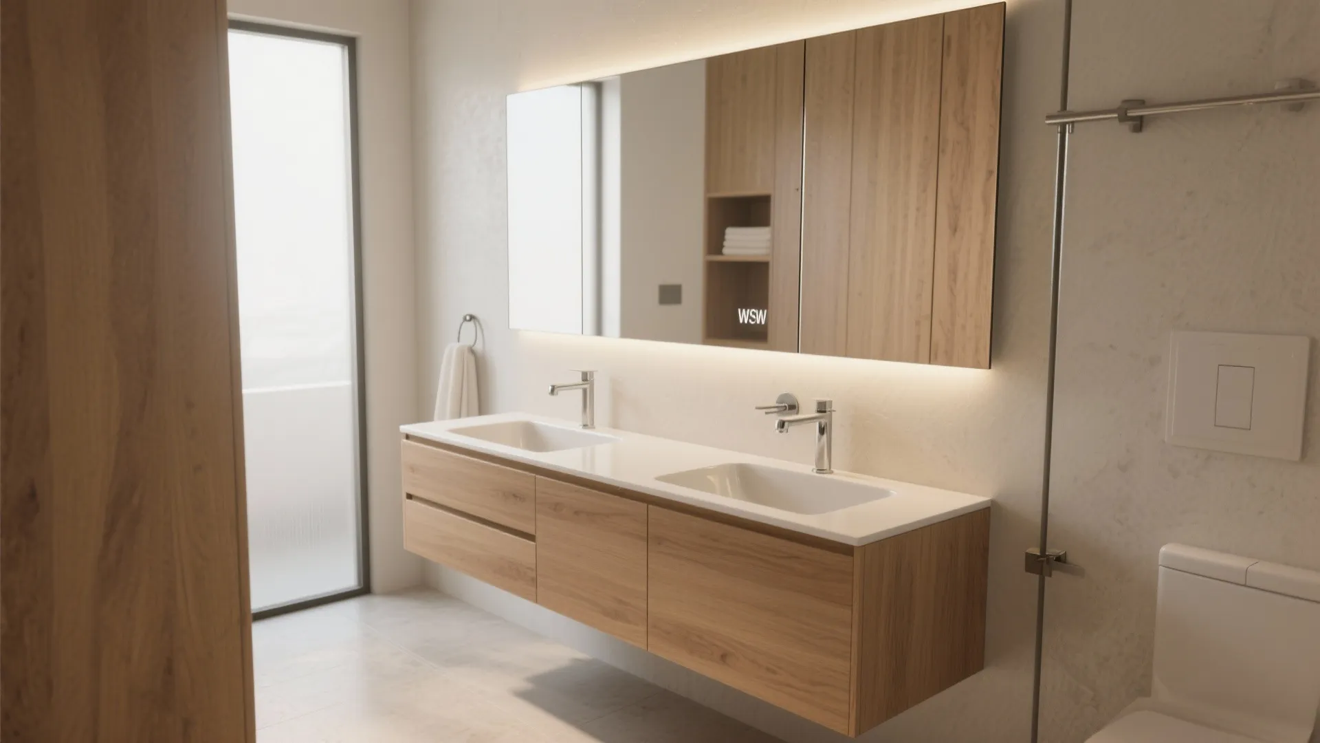 2. Slim, wall-hung vanities for visual breathing room