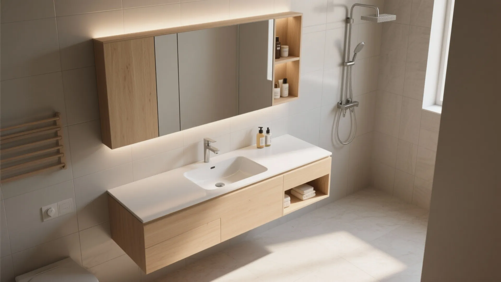 2. Wall-hung vanity and recessed storage