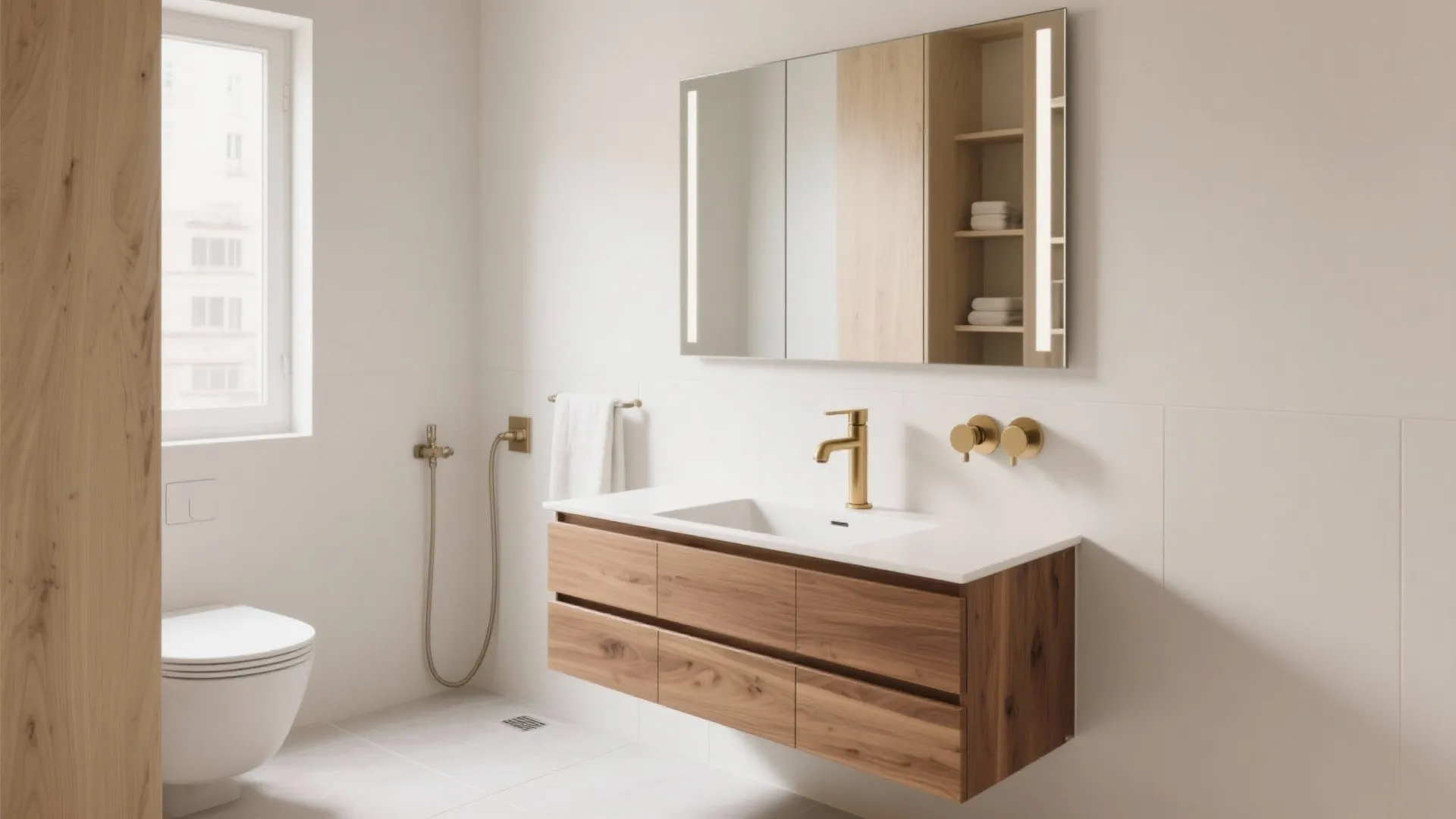 Wall-hung Italian vanity with integrated drawers floating above the floor in a compact bathroom.