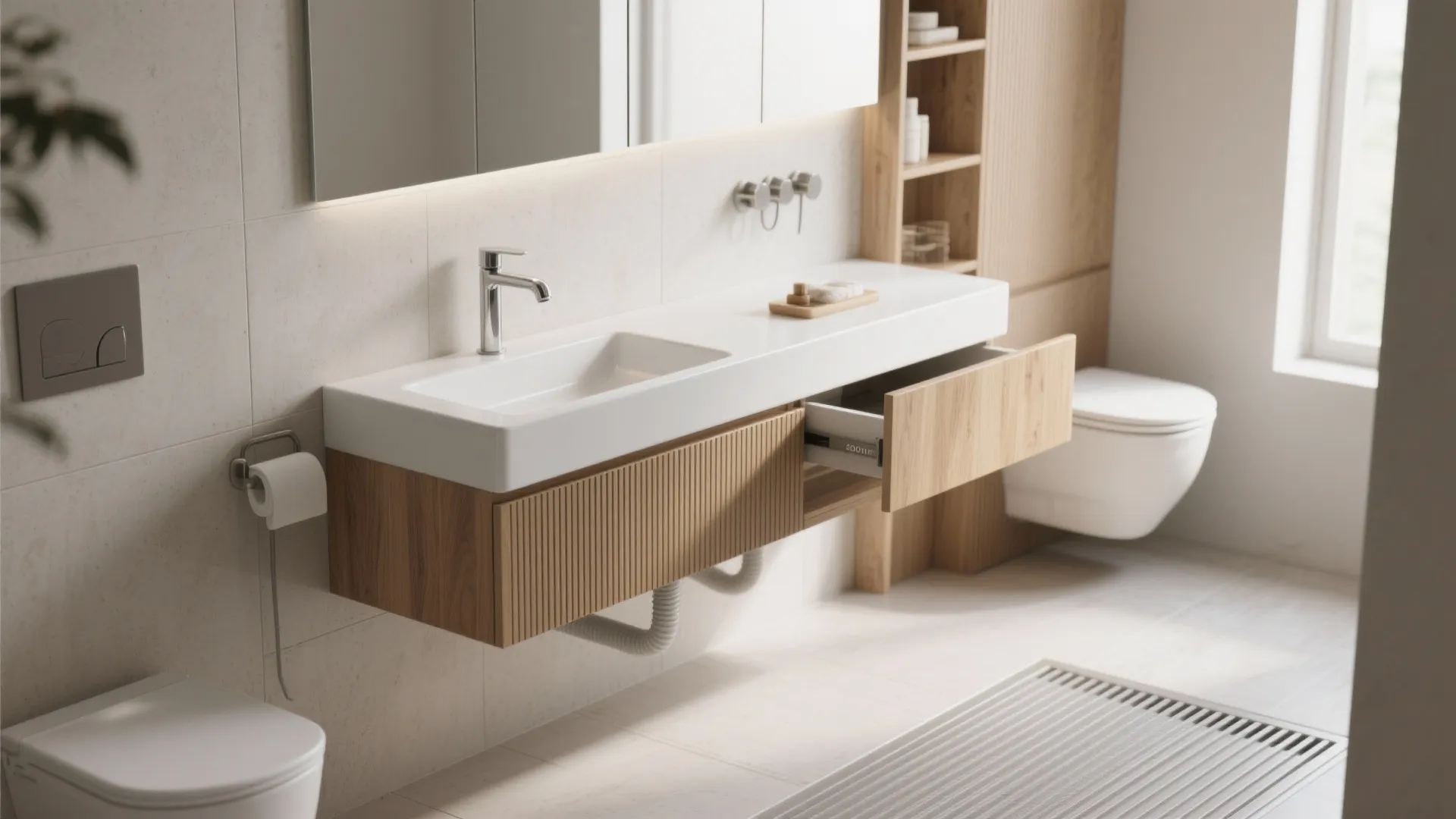 Wall-hung vanity with hidden storage