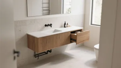 Modern Bathroom Vanity with Wood Accent and Open Storage