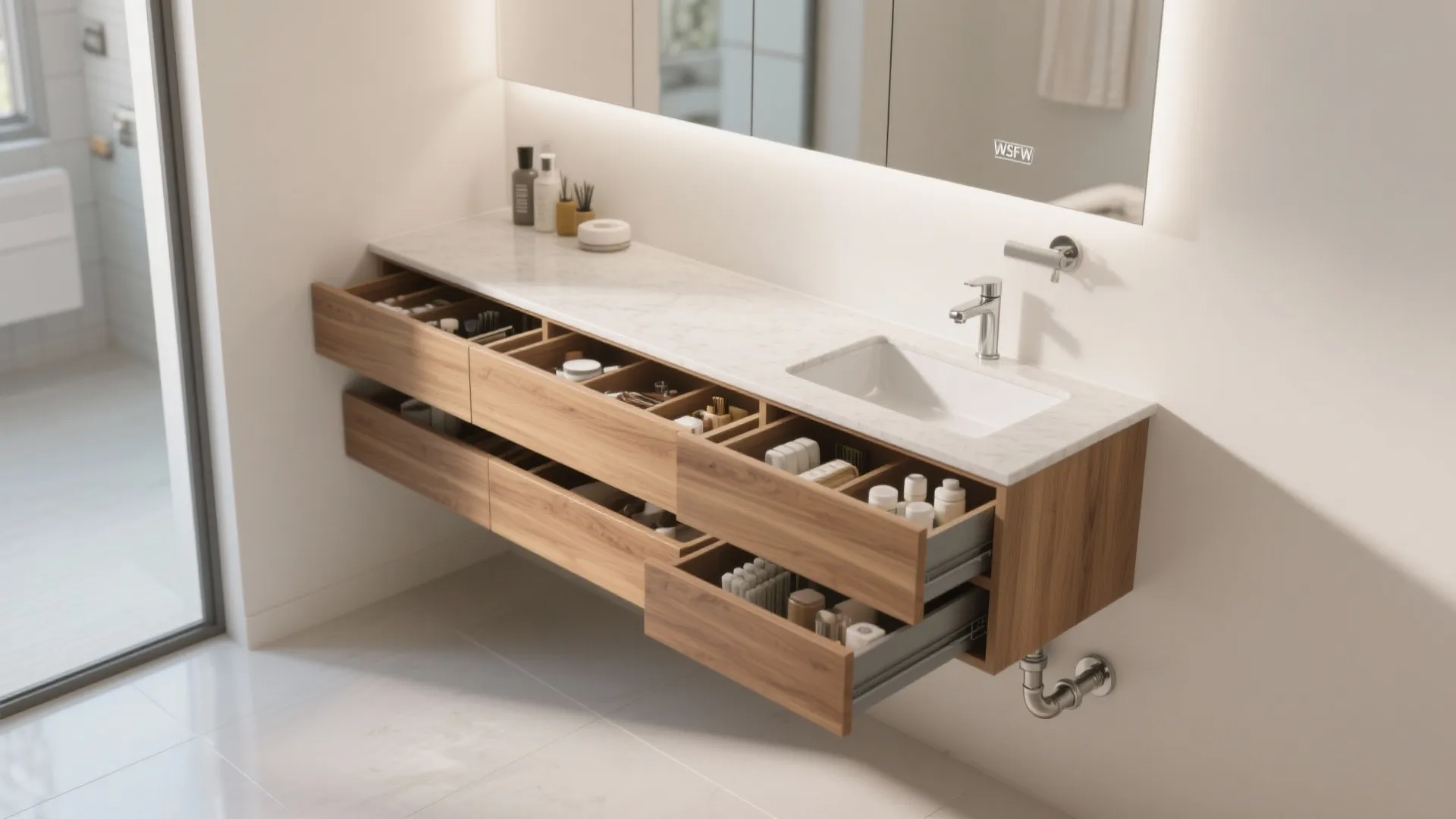 4) Space-smart vanities: wall-hung with integrated drawers