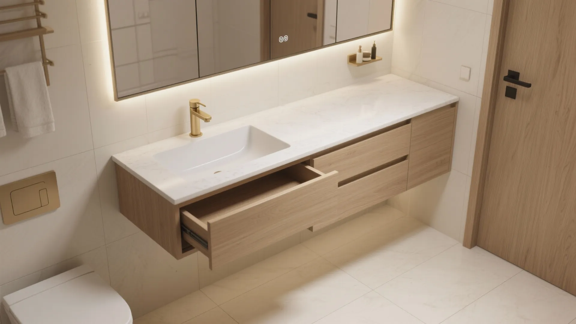 Modern wall hung bathroom cabinet with open drawer white marble sink and gold water tap