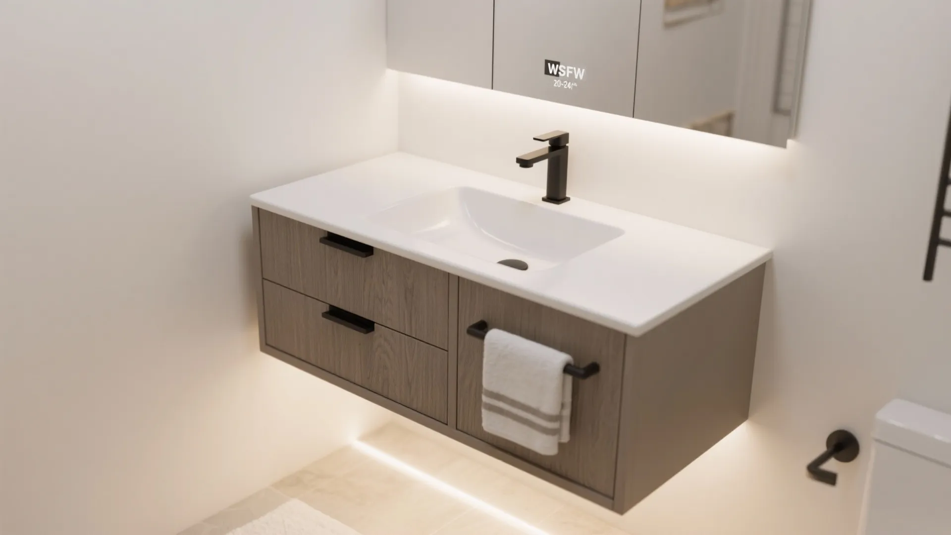 Modern wood bathroom cabinet with white sink black faucet mirror and bright under cabinet lighting