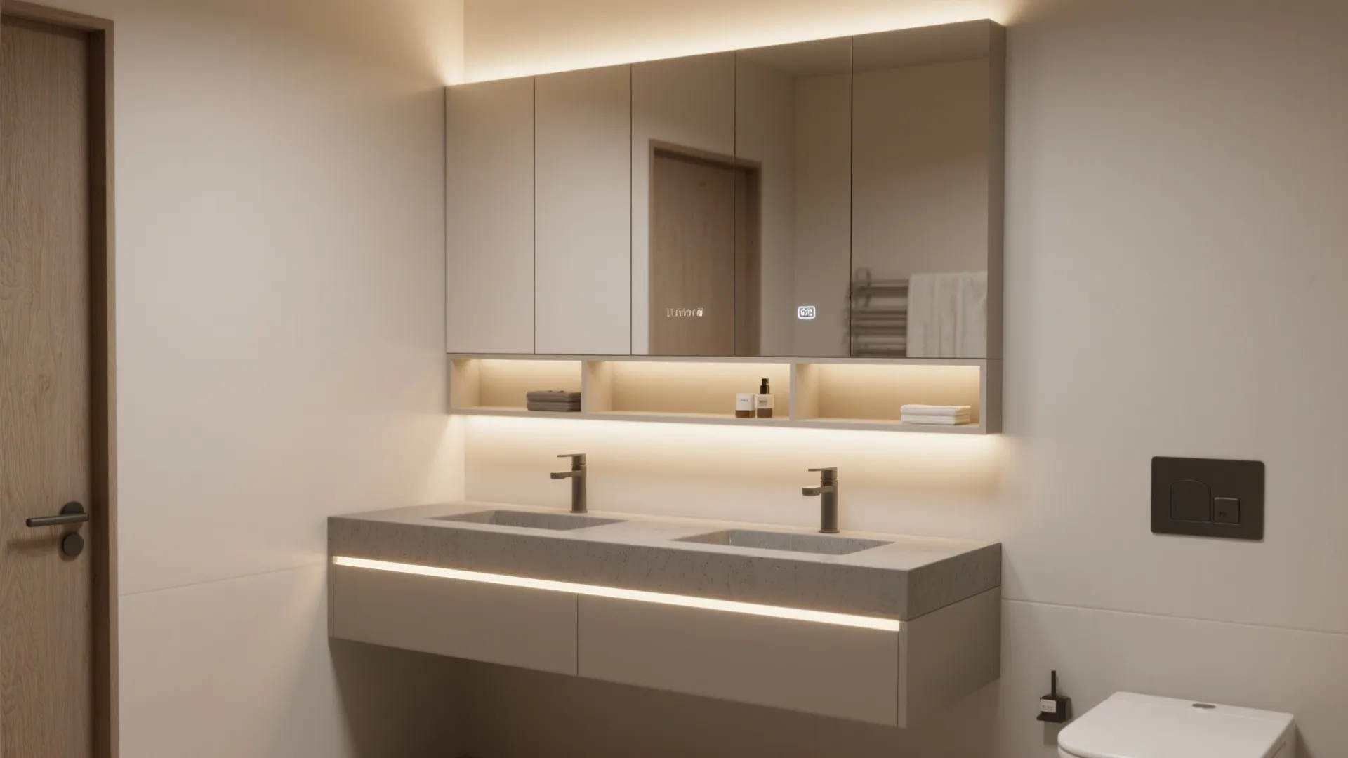 Modern bathroom with grey hanging double sink cabinet large mirror cabinet and warm hidden lights