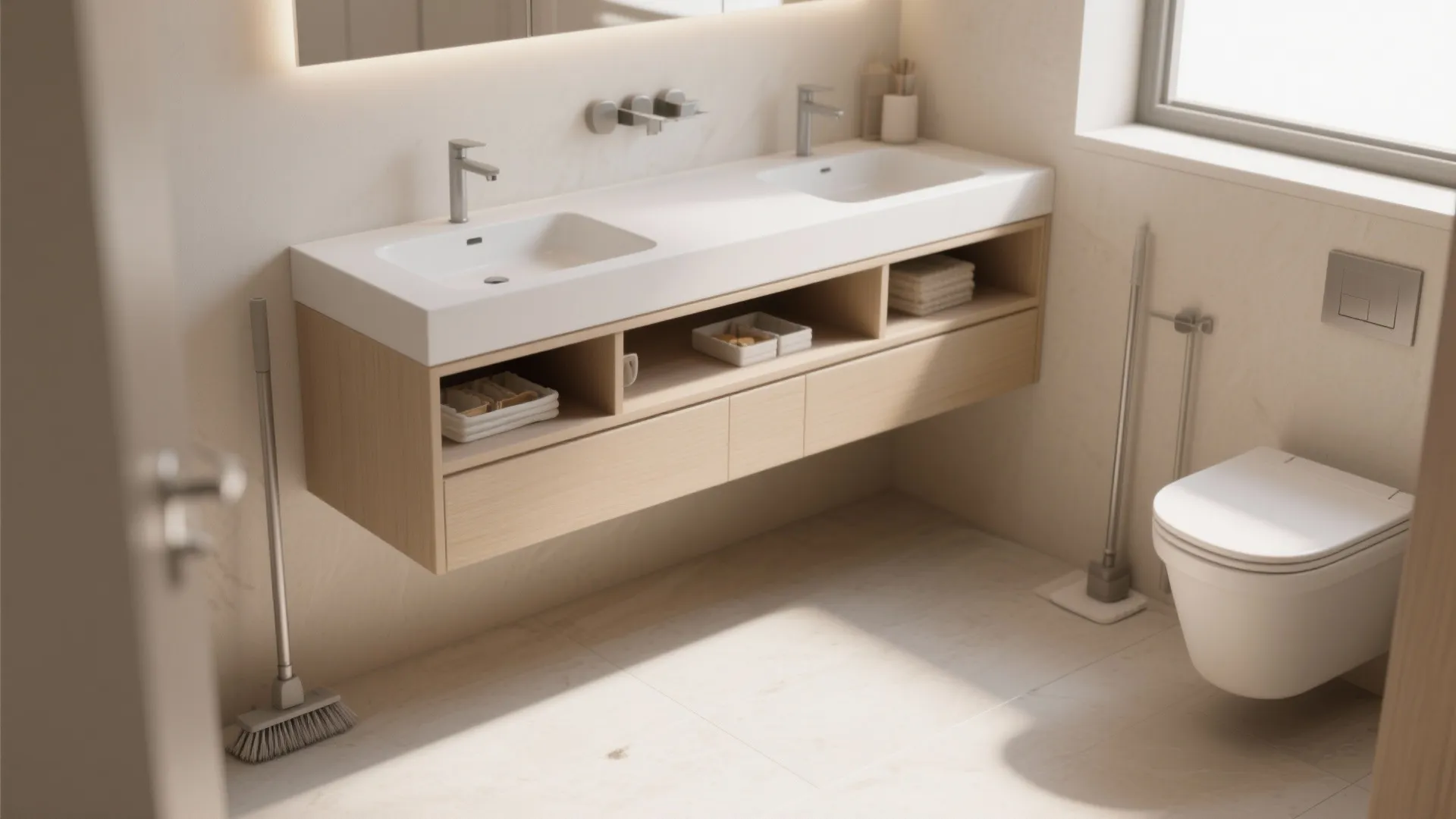 Modern bathroom featuring light wood wall cabinet with double sinks white toilet and stone floor
