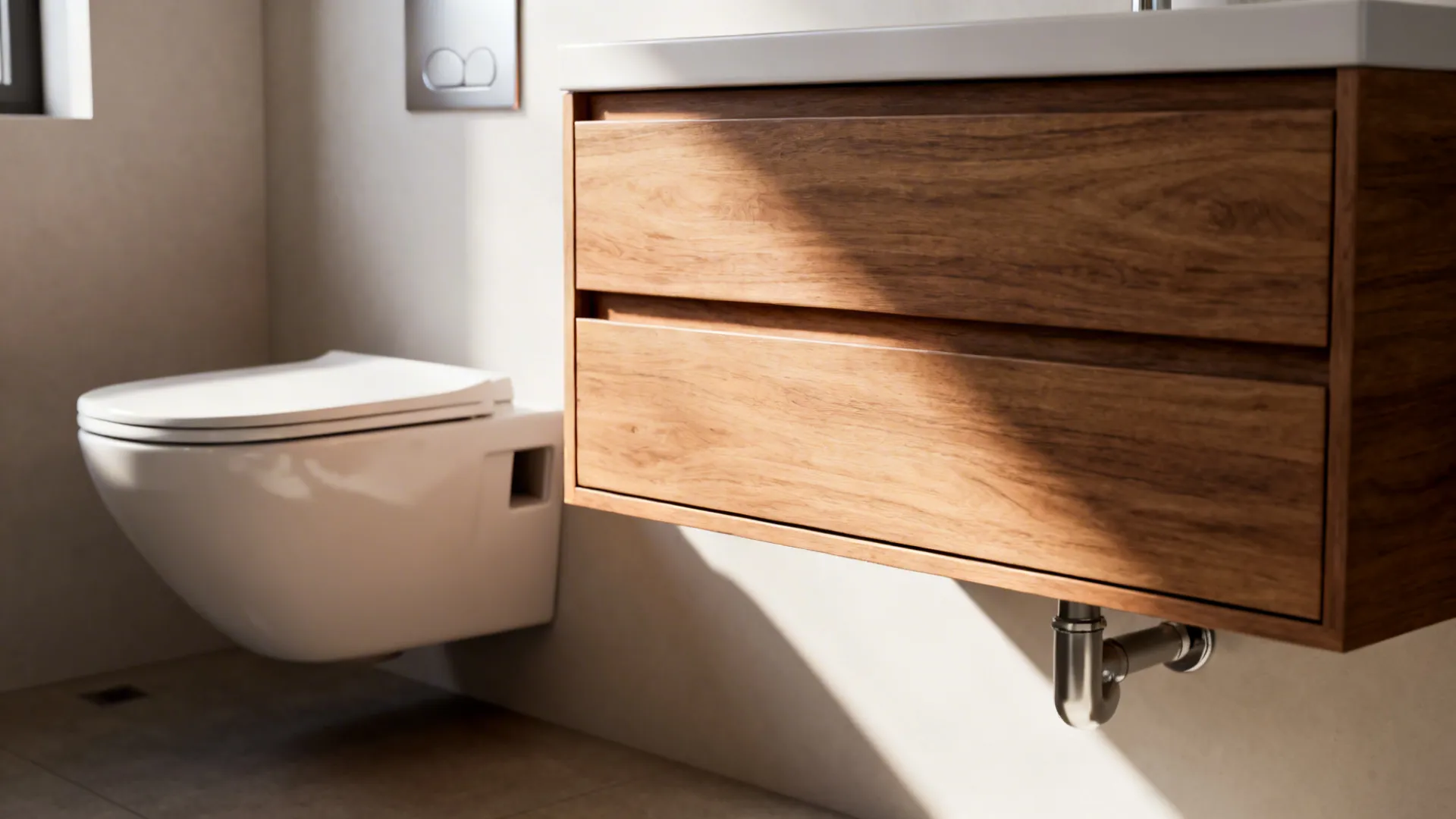 Wall-hung toilet and floating vanity showcasing concealed cistern and deep drawers in a small bathroom