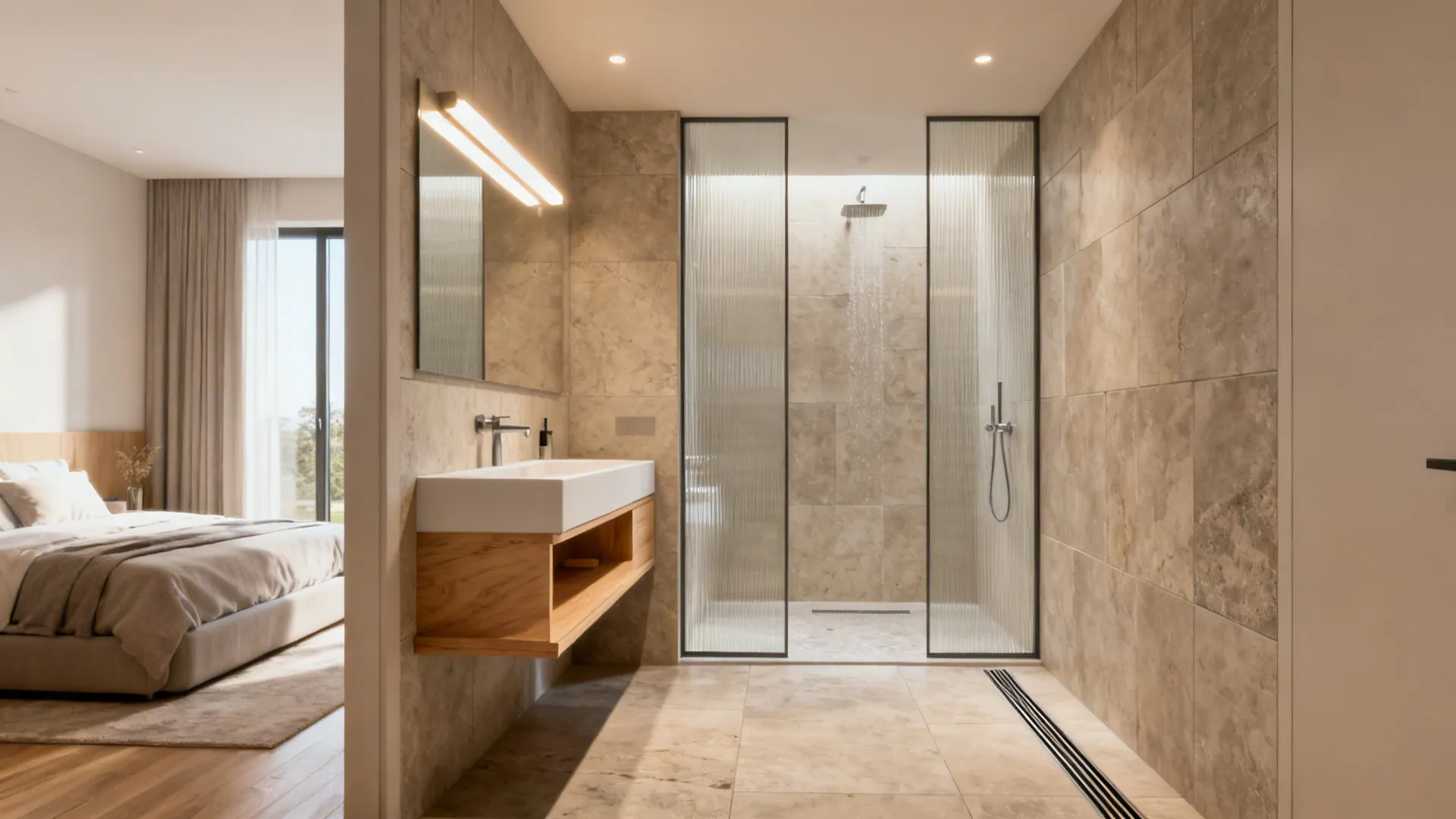 Ensuite with wall-hung vanity and curbless shower, continuous flooring from bedroom for a spacious look.