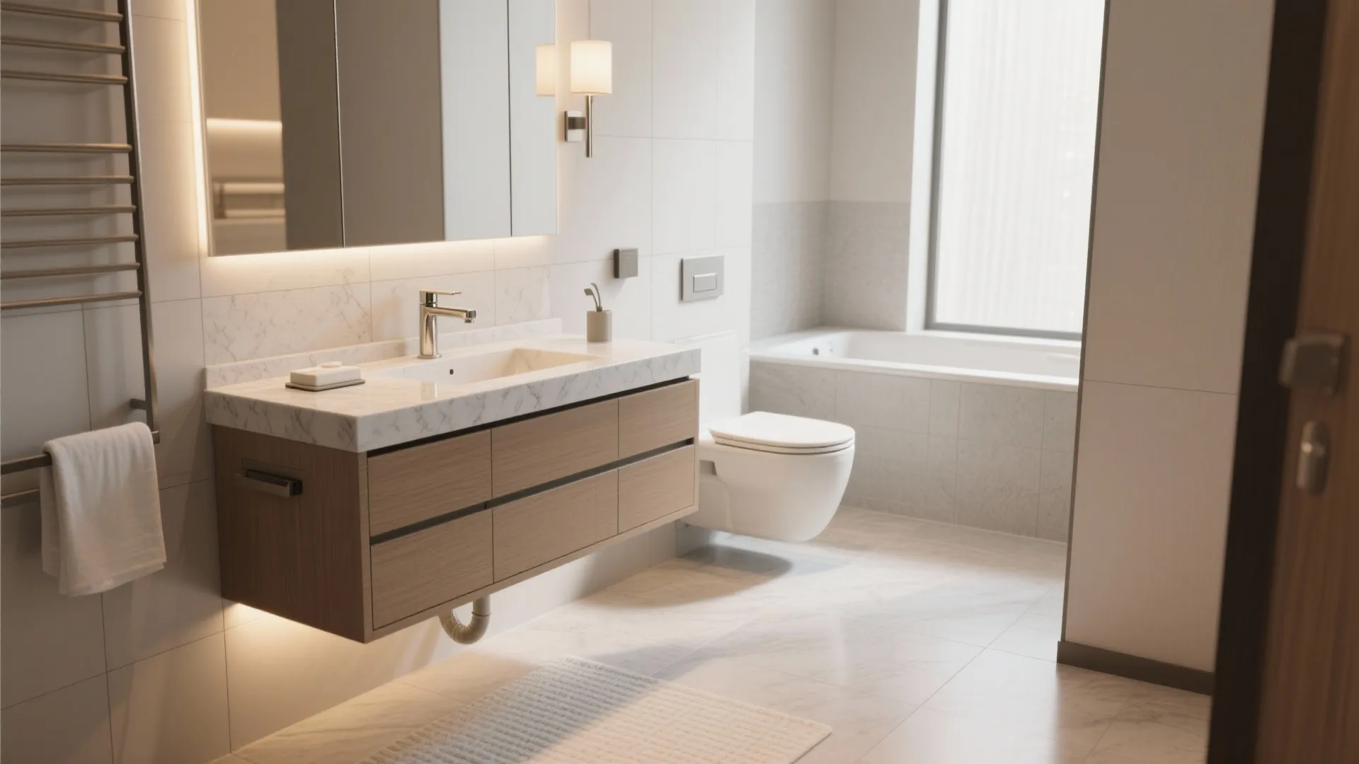 Minimalist bathroom with a wooden floating cabinet sink toilet bathtub wall light and white walls