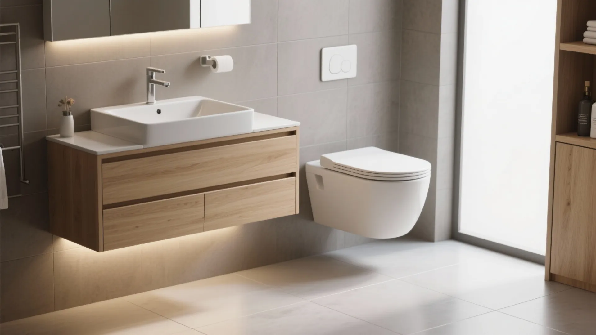 Wall-Hung Vanity and Toilet to Free the Floor