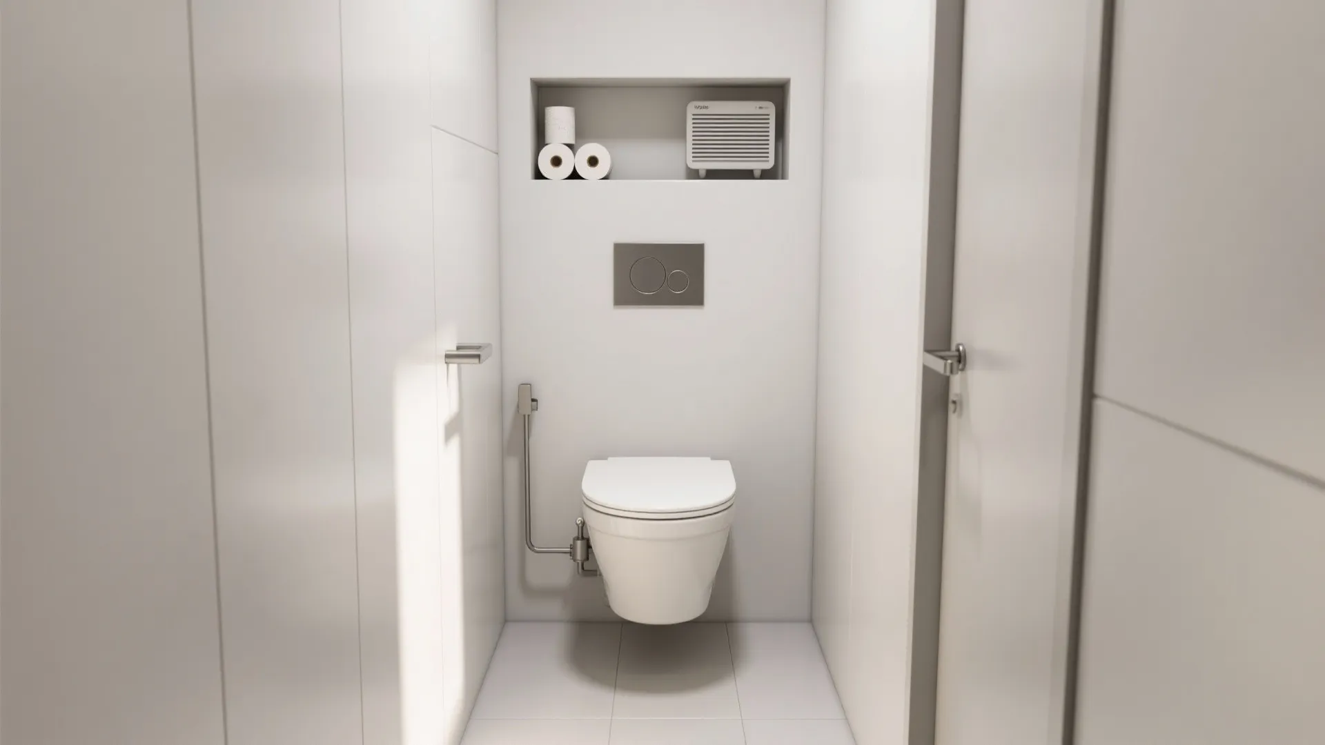 Wall-hung WC with concealed cistern and a shallow niche above for storage.