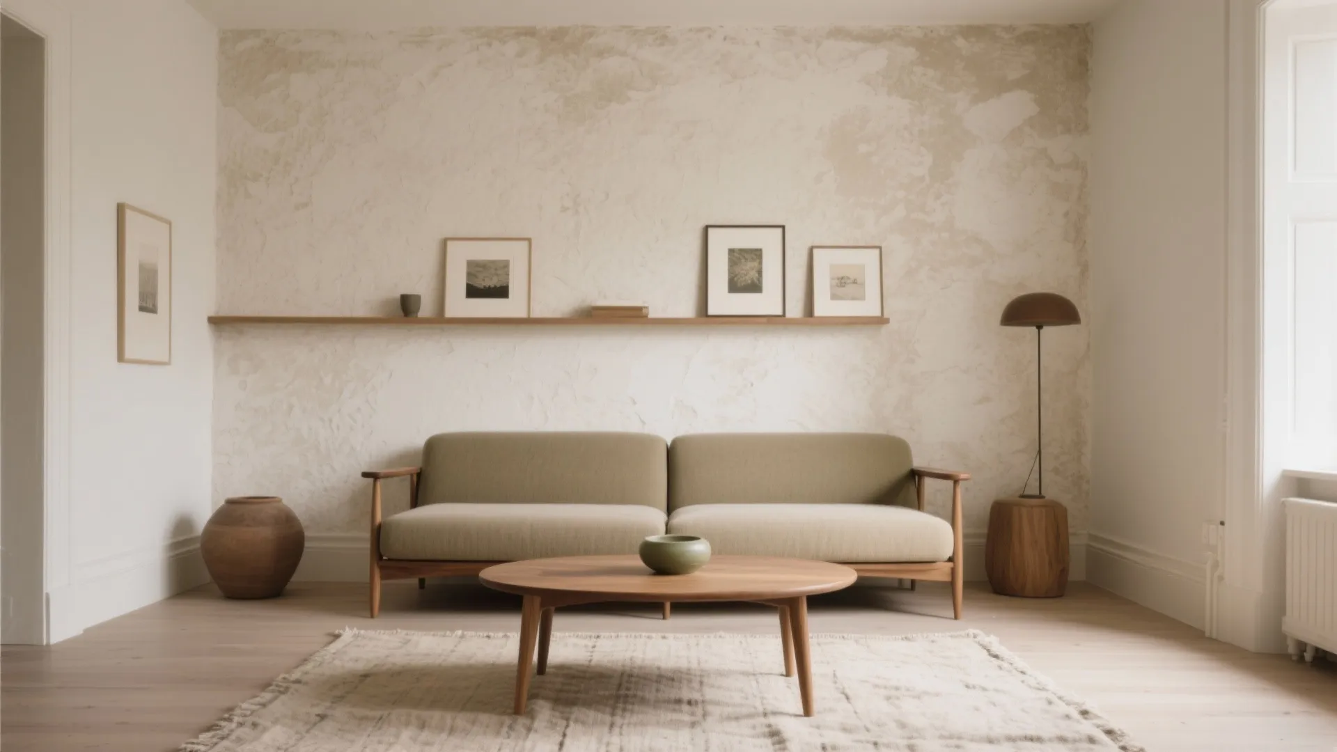 Modern living room with green sofa wooden coffee table textured wall panel and warm floor lamp