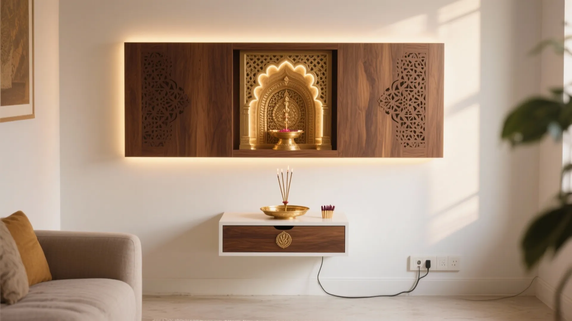 Wall-Mounted Mandir with Jaali and a Floating Base