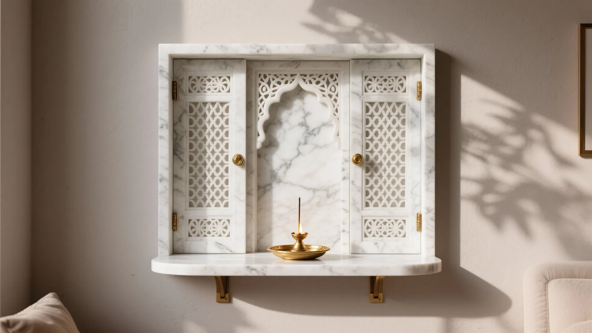 Compact Wall-Mounted Marble Mandir with Jali Doors