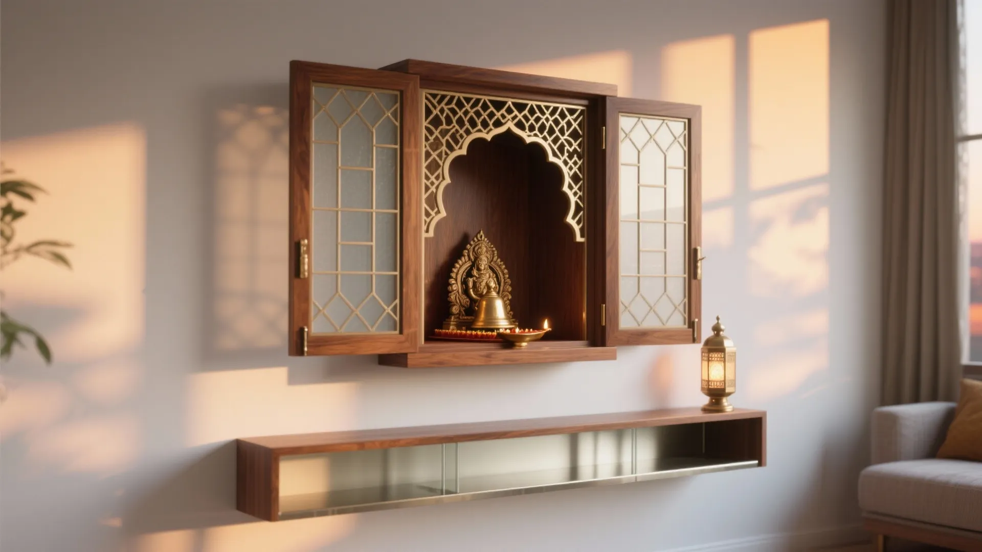 Wall-Mounted Mandir With Sliding Jali Doors