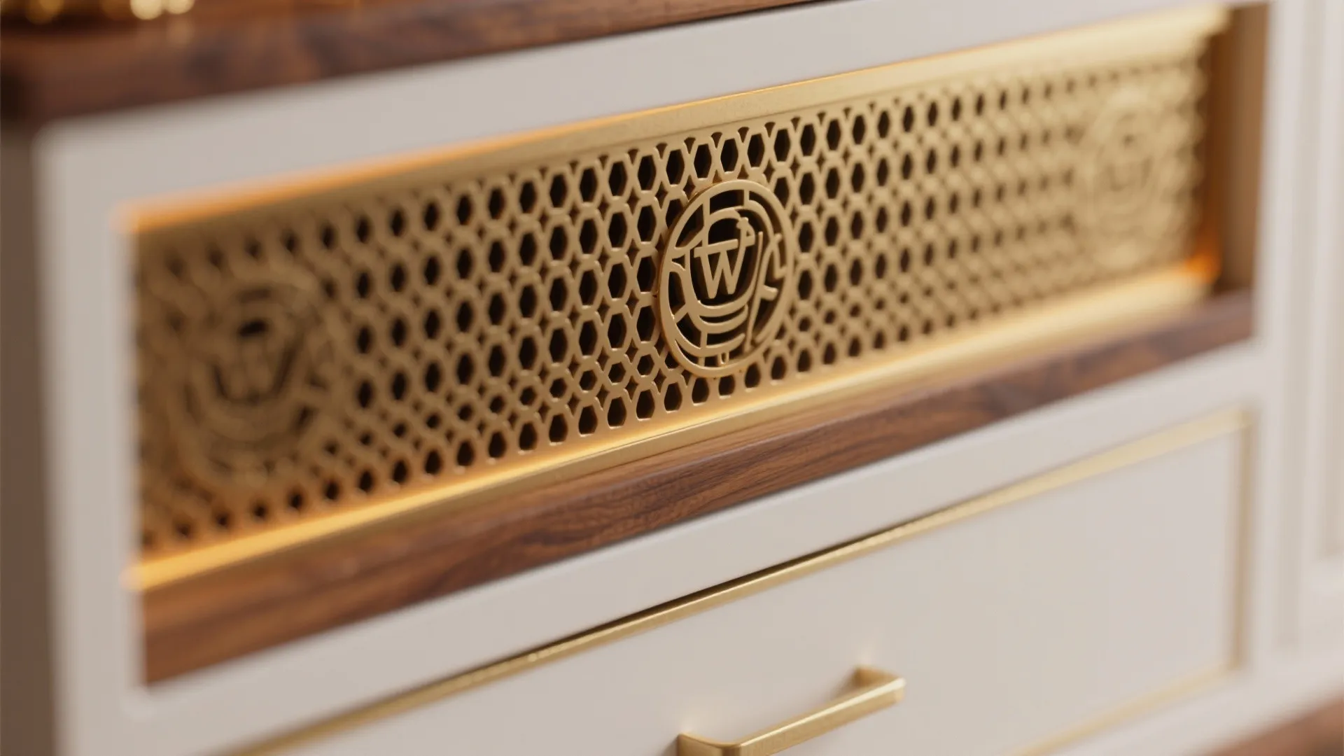 Close up of wood cabinet with gold metal mesh grill decorative logo and white drawer front