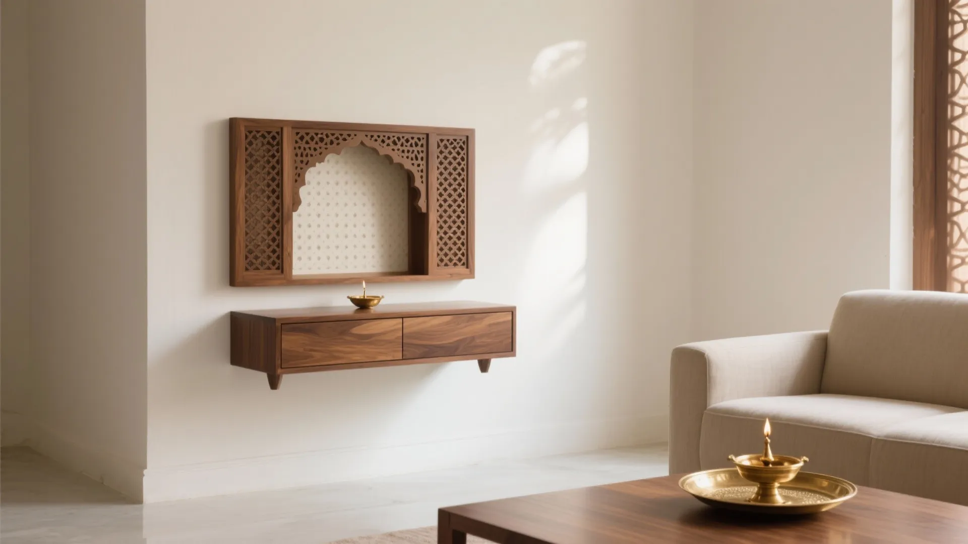 Minimal wall-mounted mandir with perforated lattice