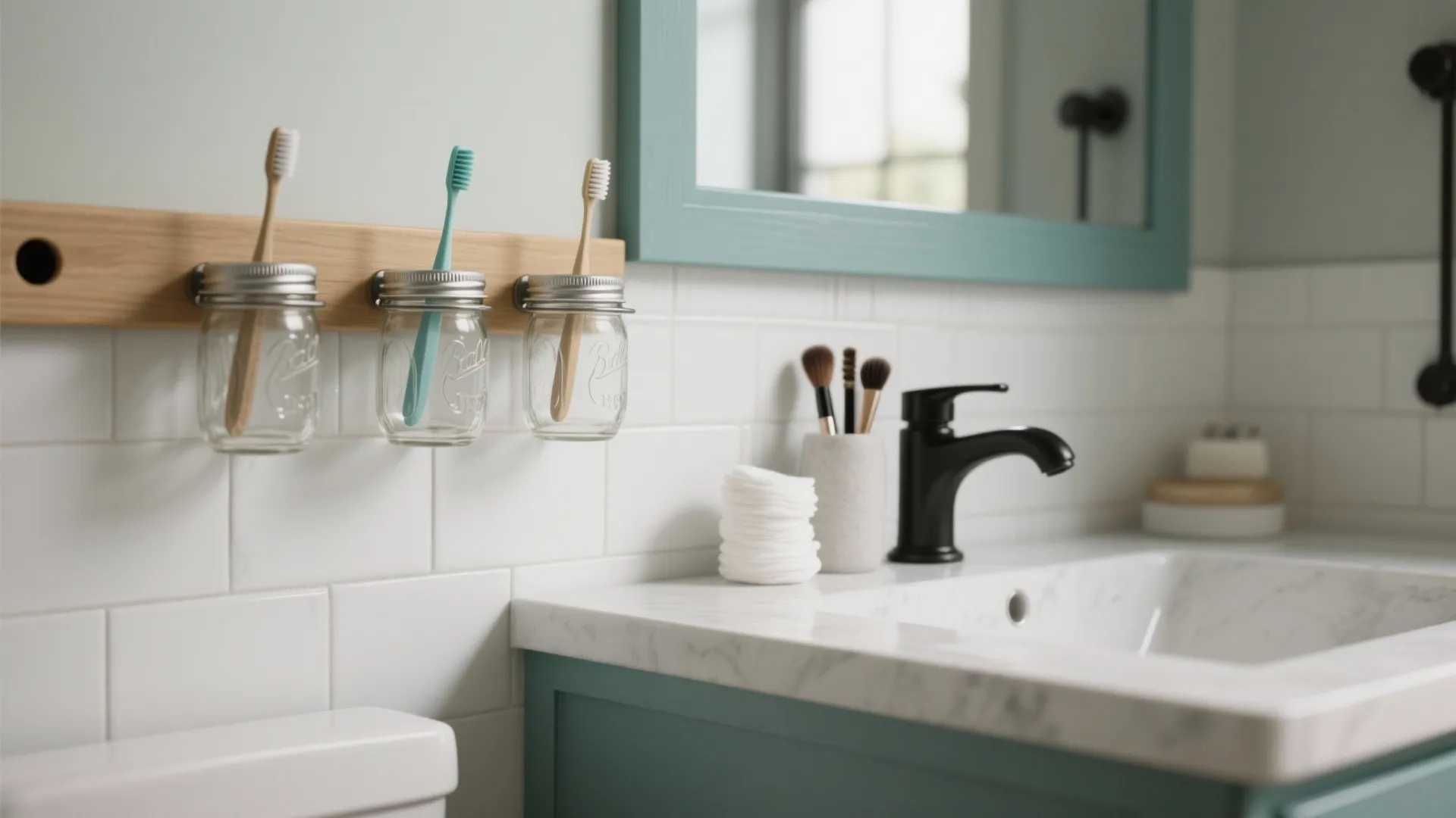 Modern bathroom sink with white tiles teal cabinet black faucet and toothbrushes in glass jars