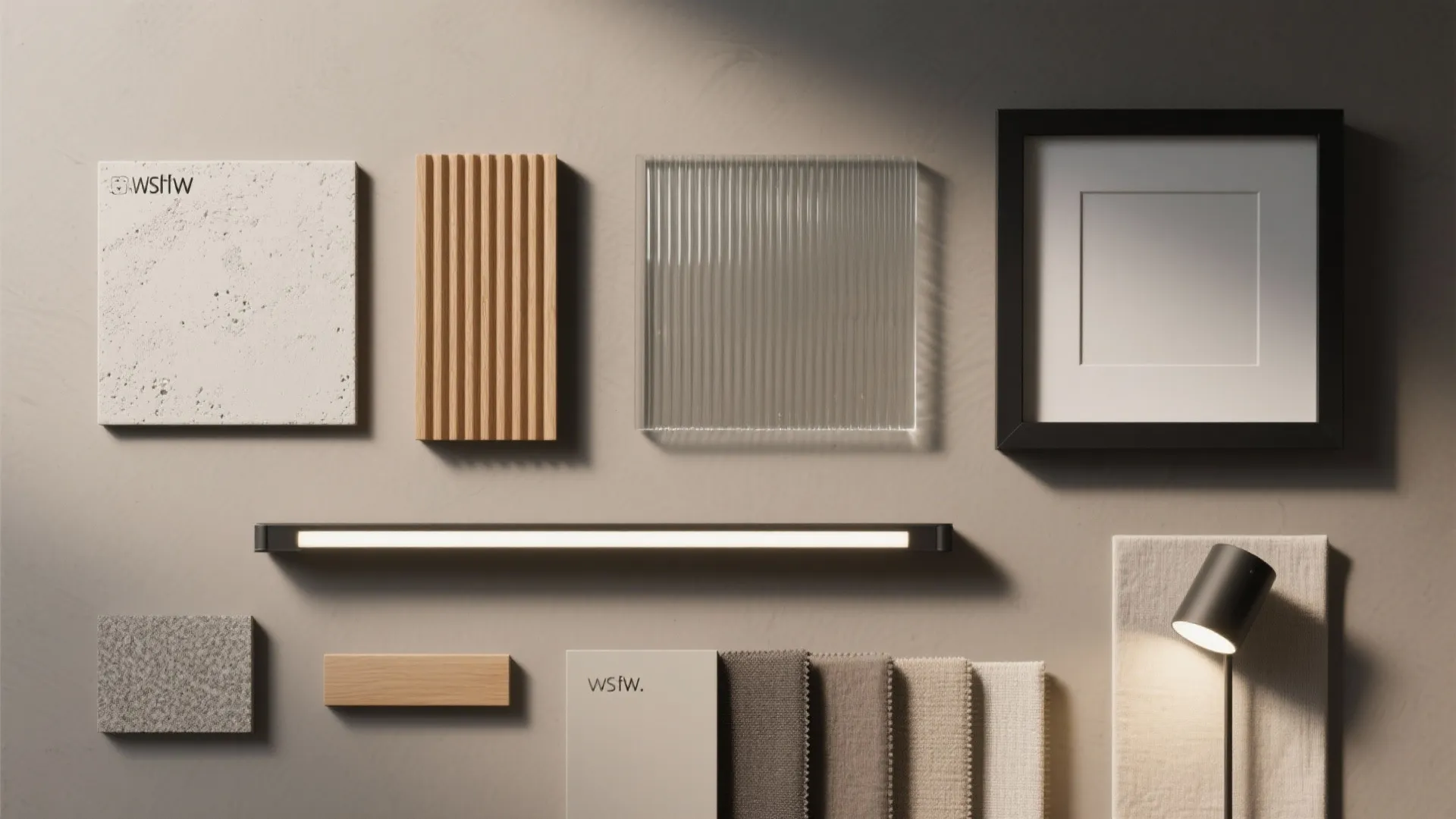 Interior design mood board featuring wood slats stone glass fabric samples picture frame and light fixture