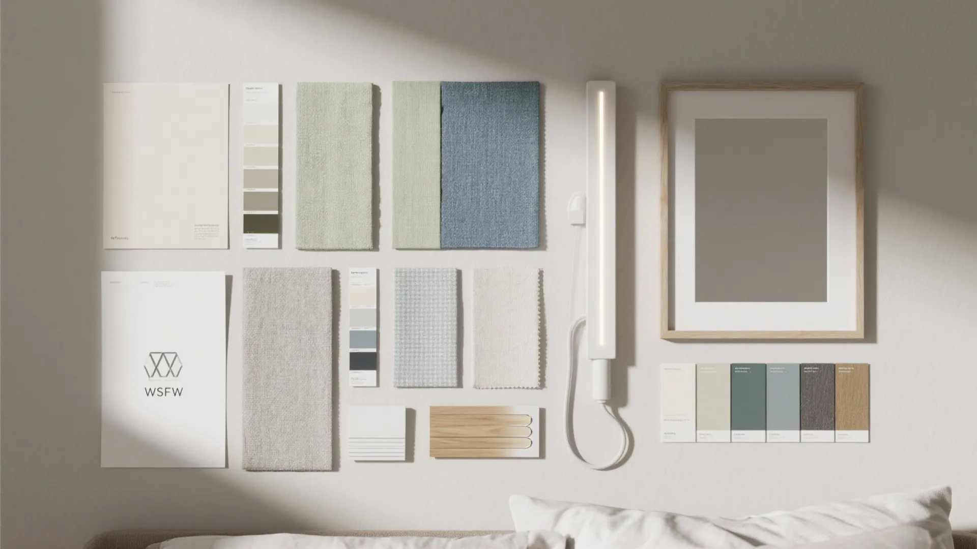 Interior design mood board on white wall with fabric swatches color samples and wall light