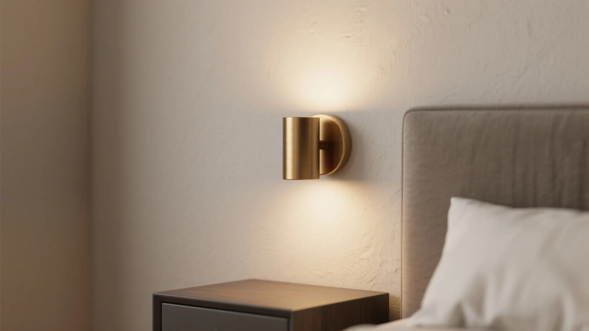 Modern gold wall light mounted above a dark wood bedside table in a cozy bedroom