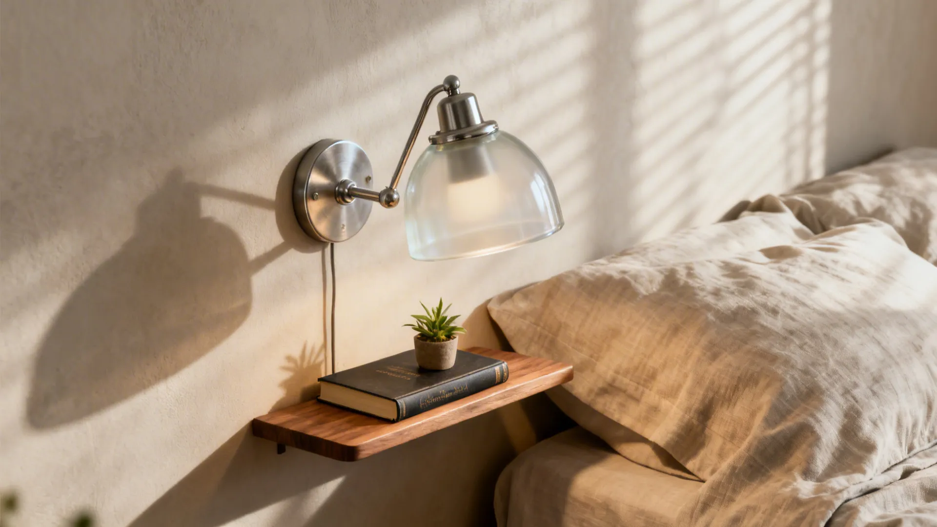 Wall-mounted reading lamp and slim shelf beside a bed in a small bedroom