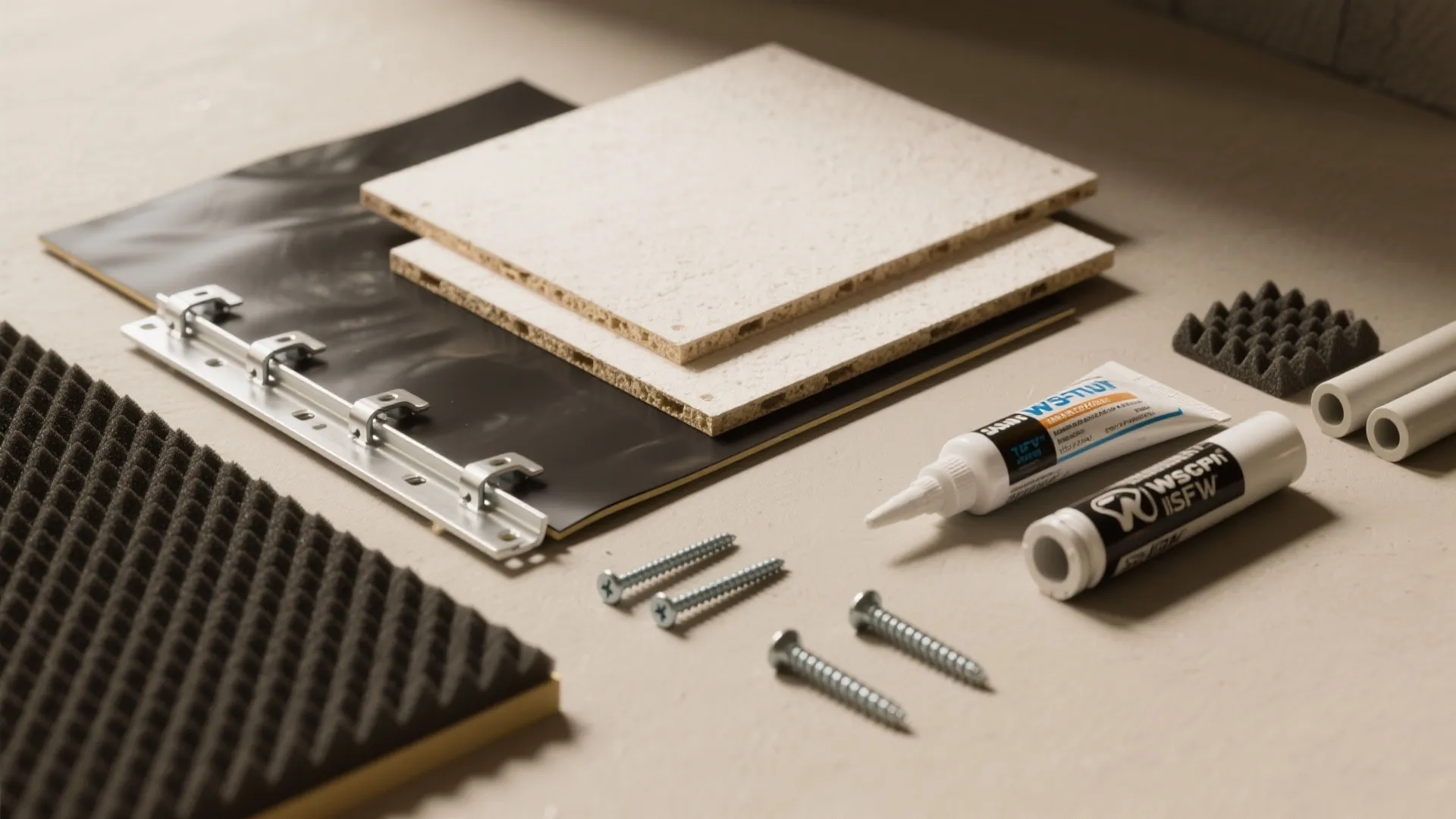 Flat lay of isolation materials: gypsum boards, mass-loaded vinyl, resilient channels, damping compound, and sealant.