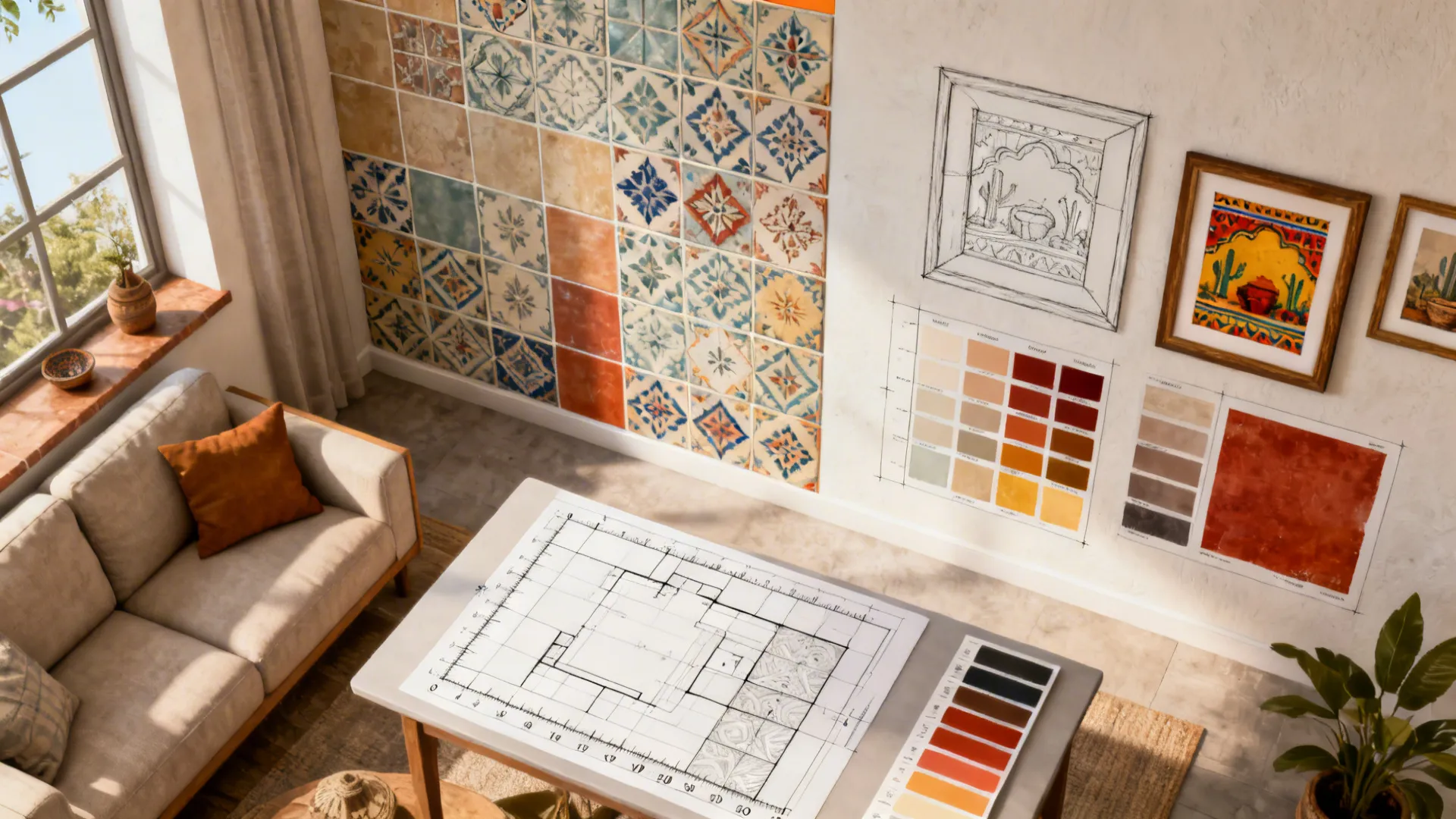Top-down mockup of wall layout planning with mood swatches and framed mockups for a small living room.