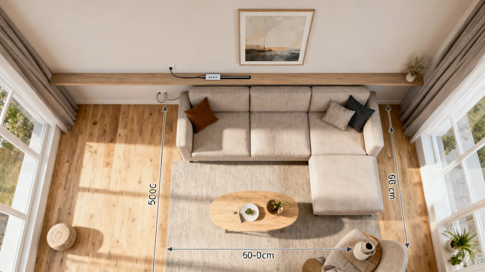 Top view of room layout showing sofa coffee table and rug with clear measurement dimension lines