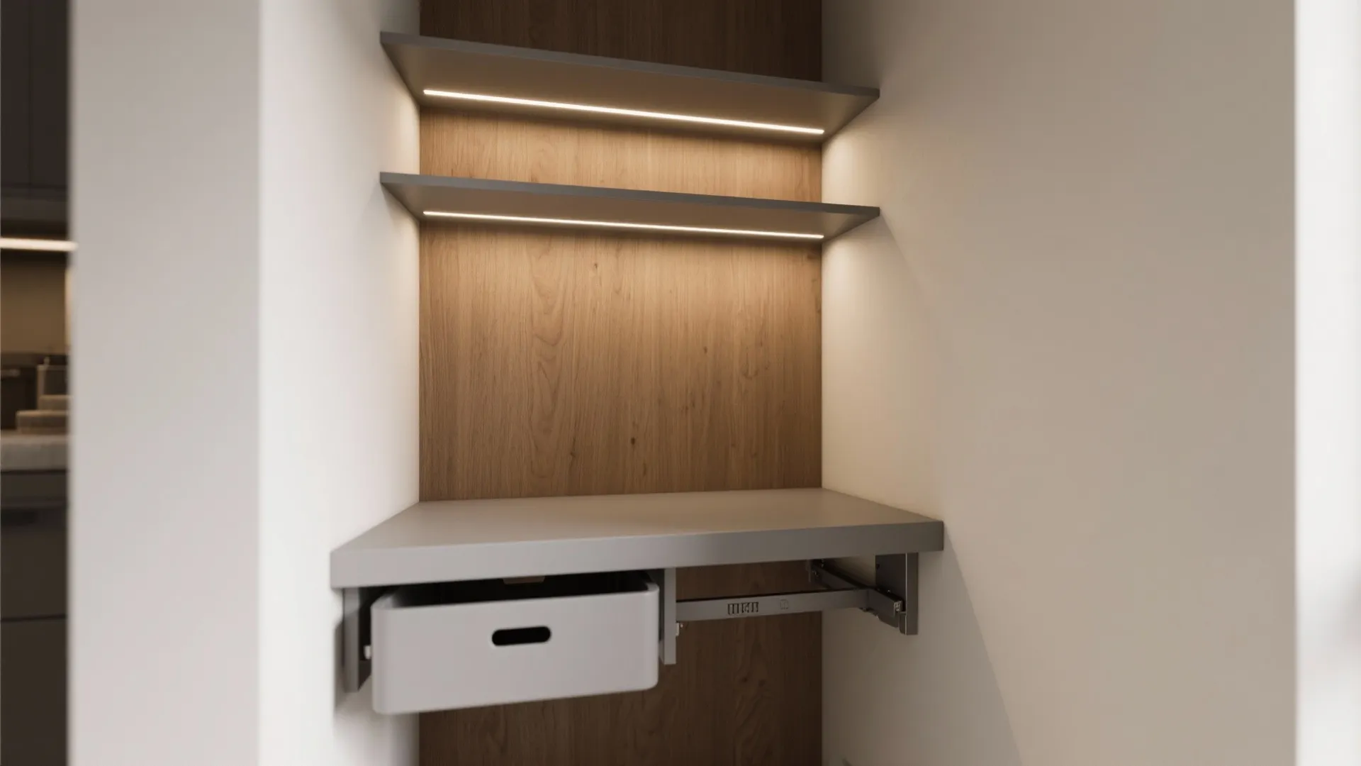 Wall panel with built-in wooden shelves, light fixtures, a grey desk, and a pull-out drawer
