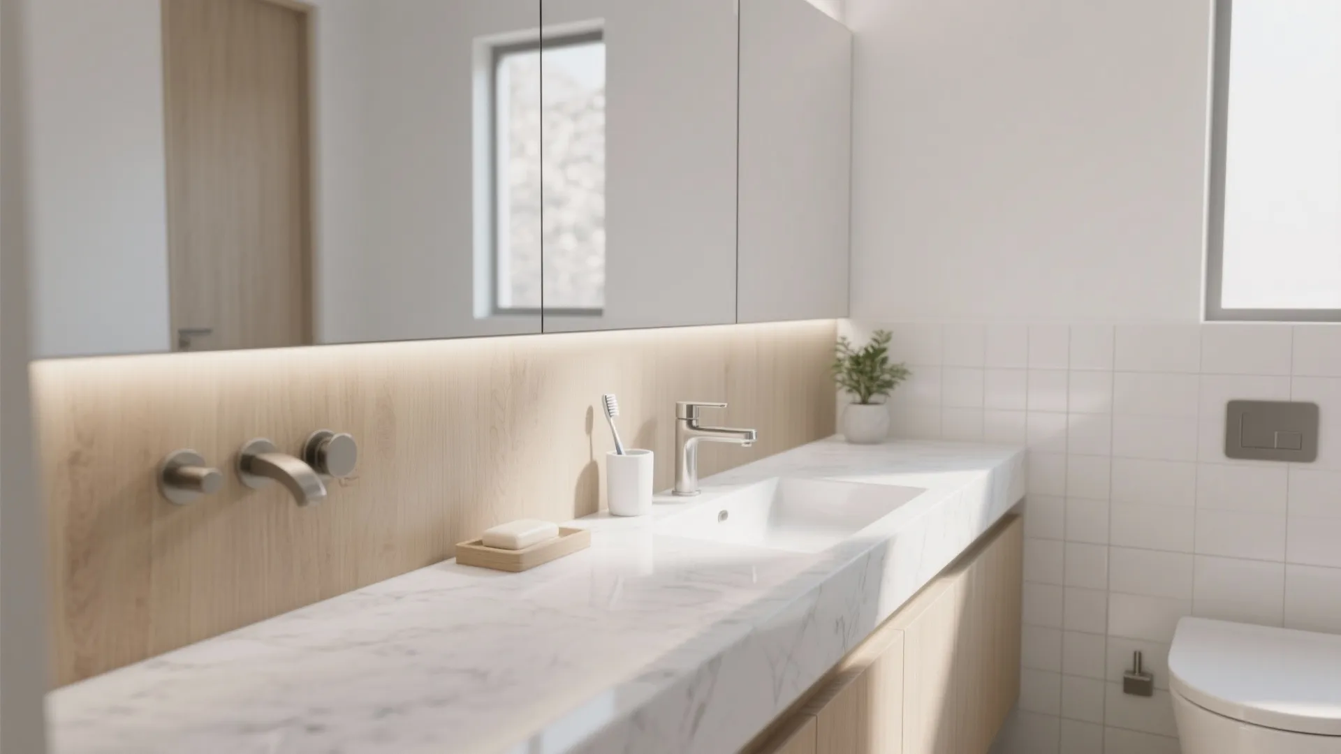 Continuous thin quartz ledge at 42 inches above a small vanity under a statement mirror in a narrow bathroom.