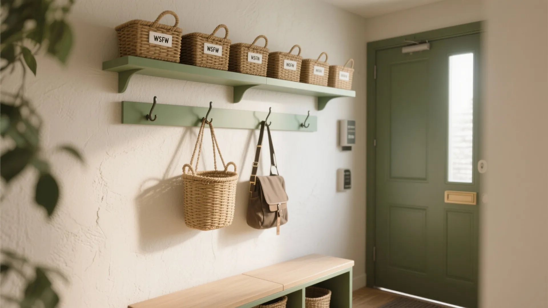 3. Wall-mounted ledges plus labeled baskets