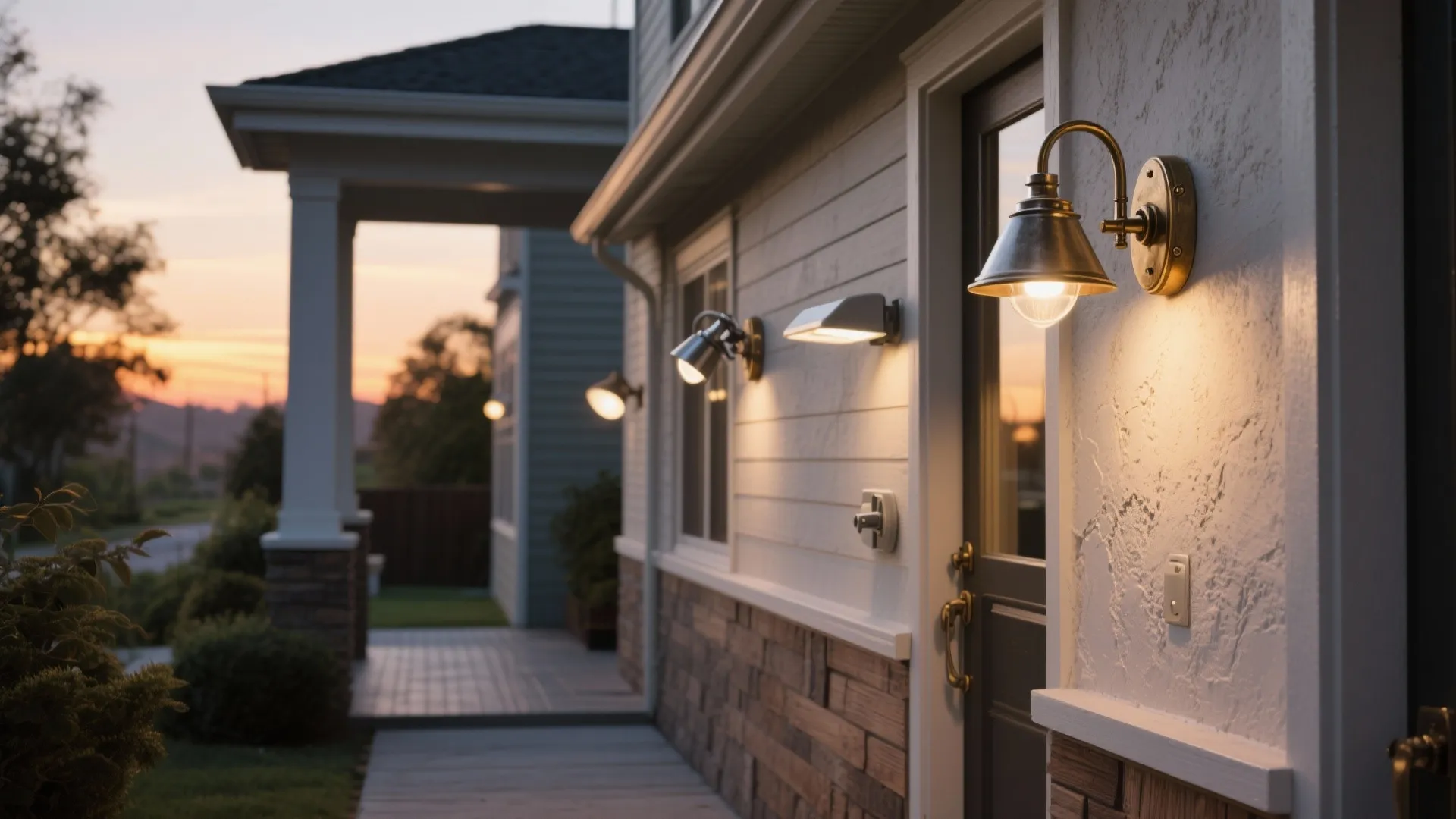 Outdoor house view showing multiple warm wall lights installed along a porch and front door