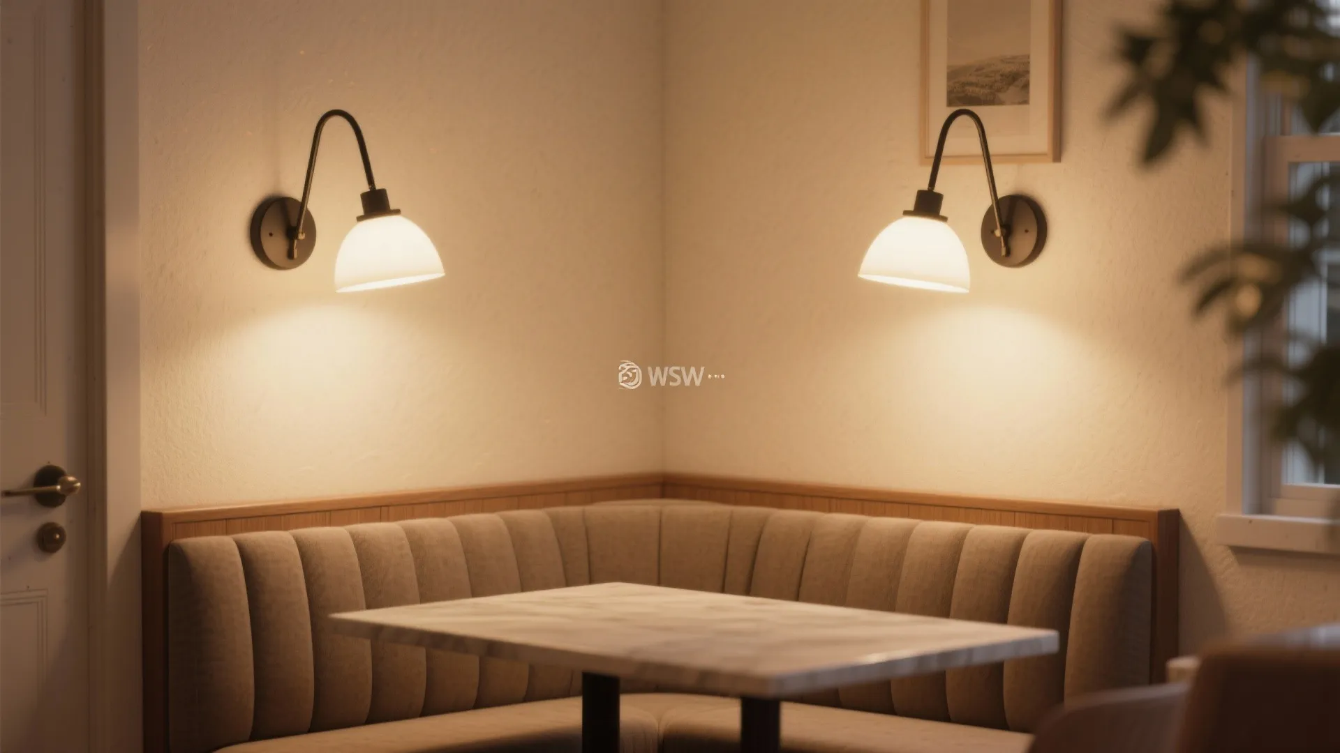 Dining corner featuring a padded bench marble table and two black and white wall lights