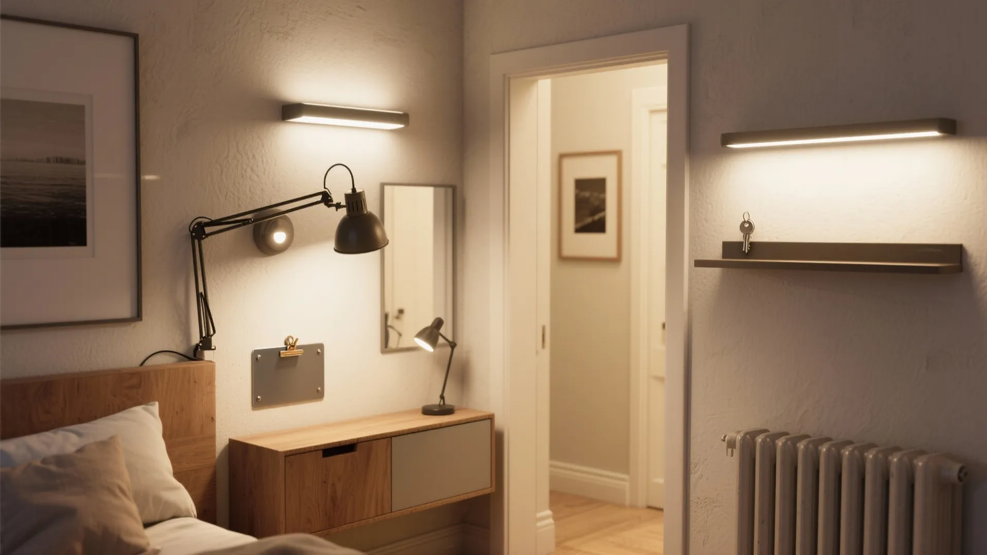 Bedroom interior featuring a wooden cabinet black wall light and warm overhead light fixture lighting