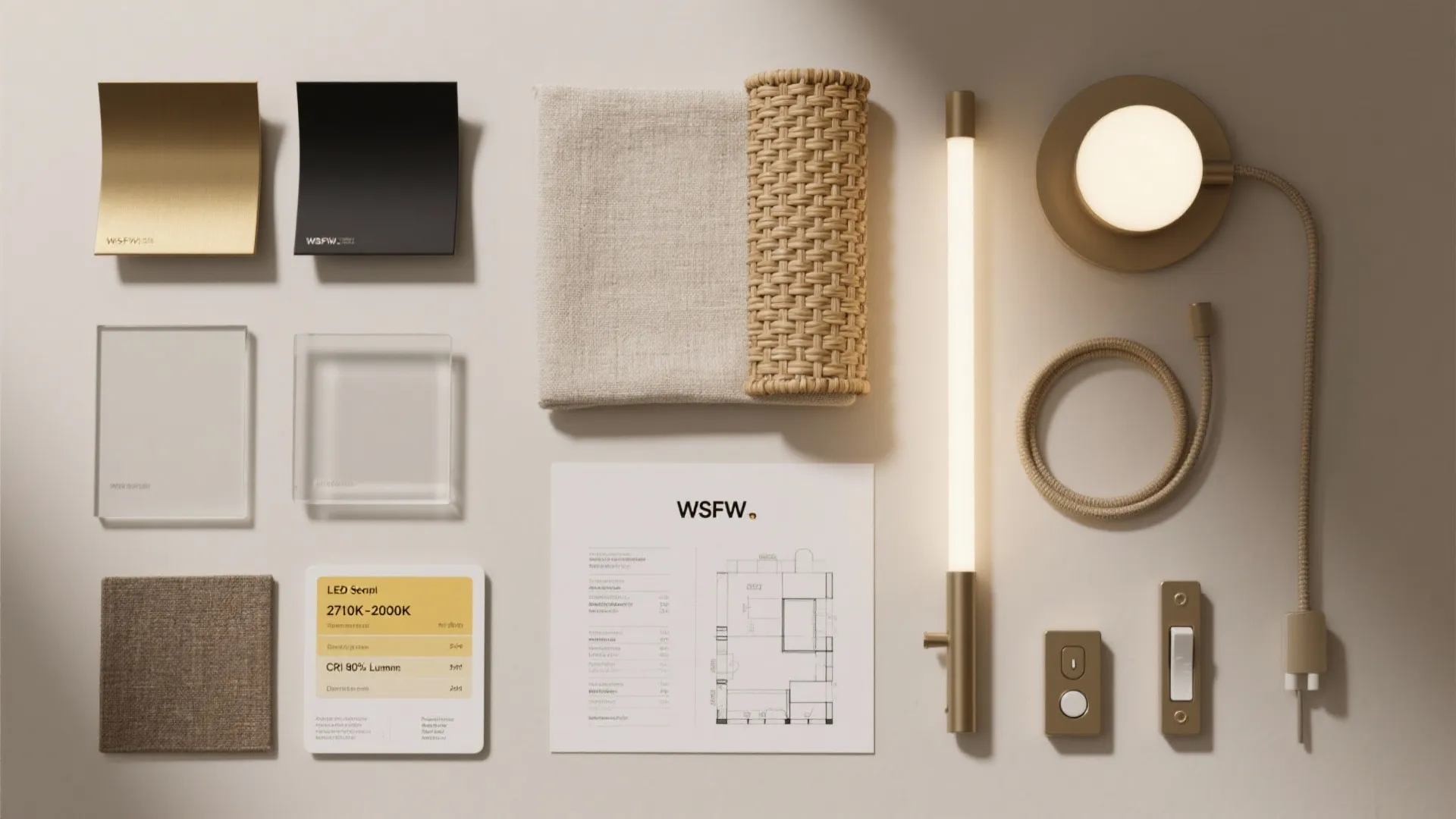 Flat lay of finishes, glass, fabric, LED spec cards, cord channel, dimmer, and a small-space floor plan.