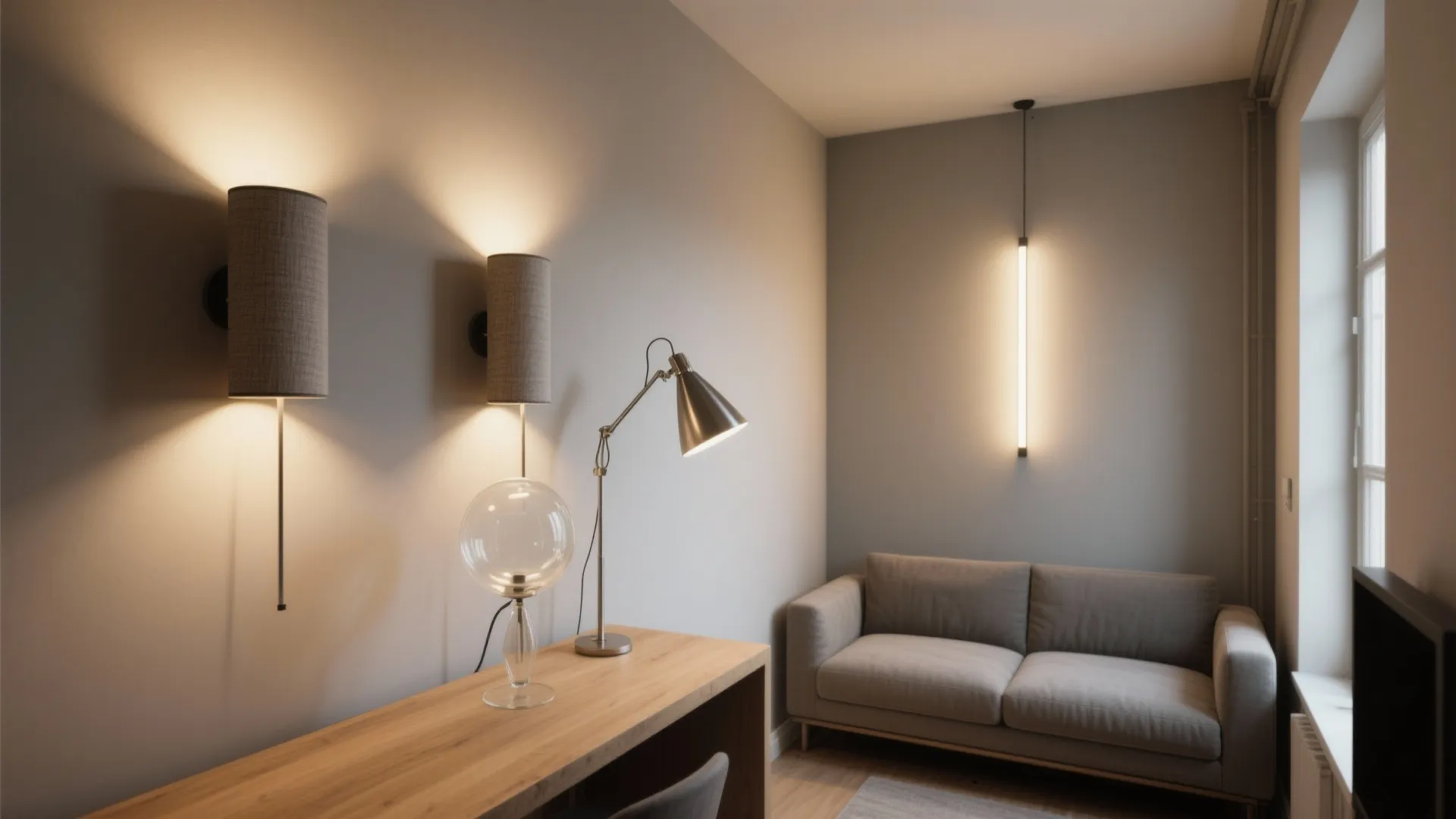 Small room featuring a grey sofa wooden desk and different types of modern light fixtures