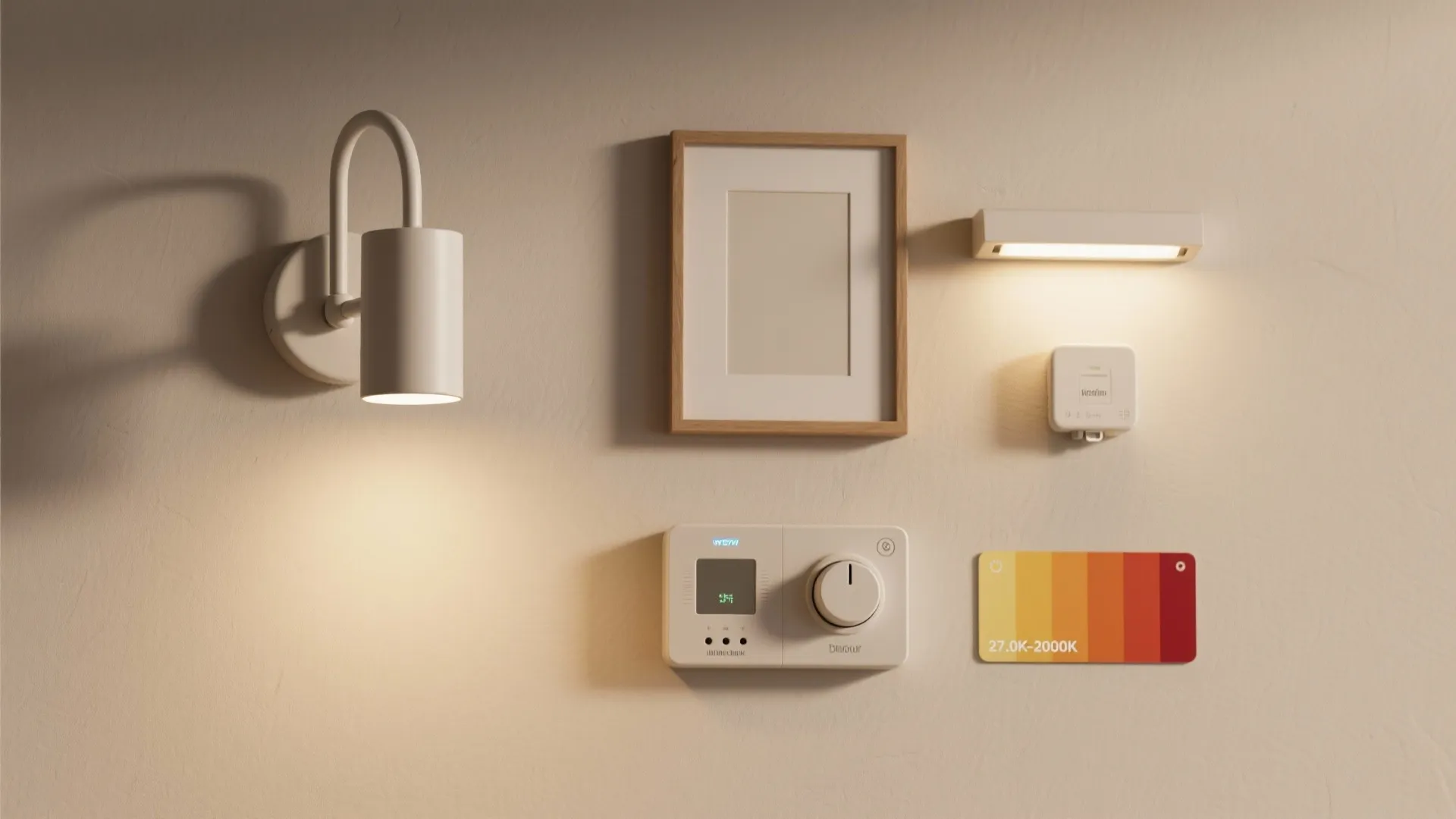 White wall featuring curved wall light, blank picture frame, smart light switch, color temperature swatches