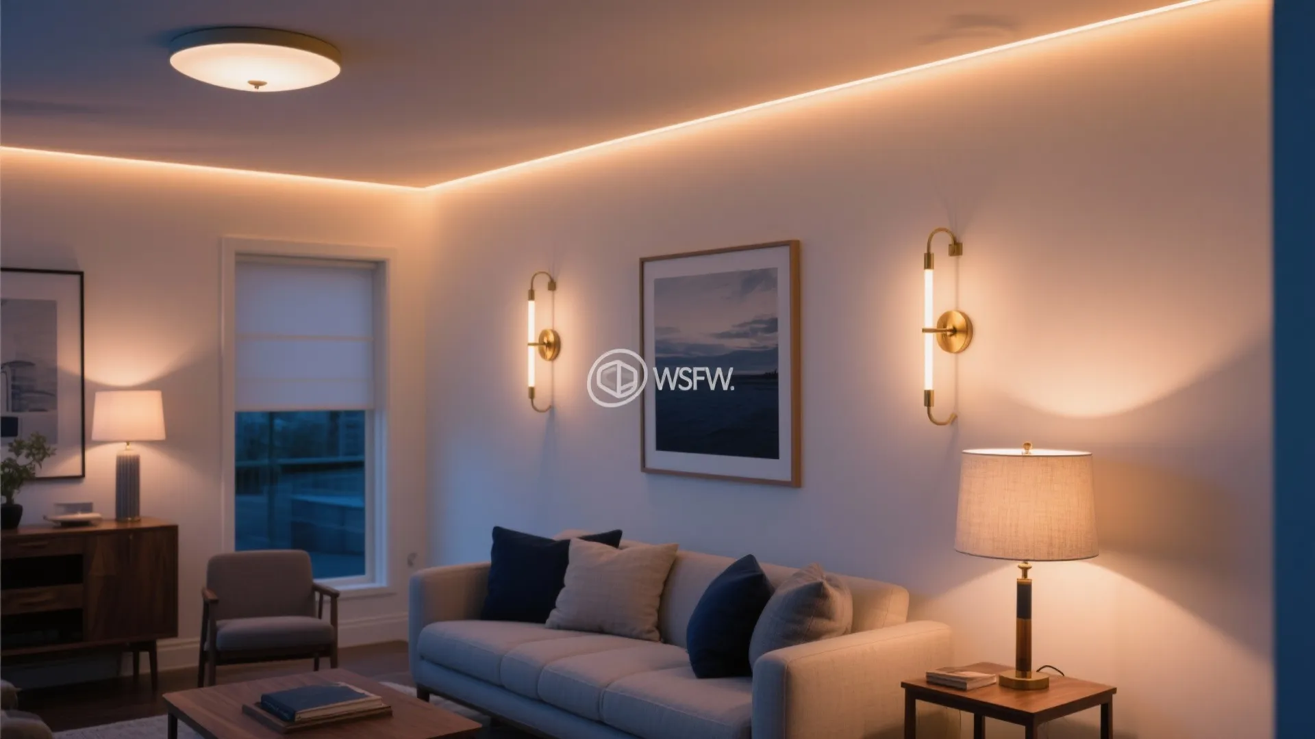 Cozy living room with warm wall light and ceiling light plus sofa and wood side table