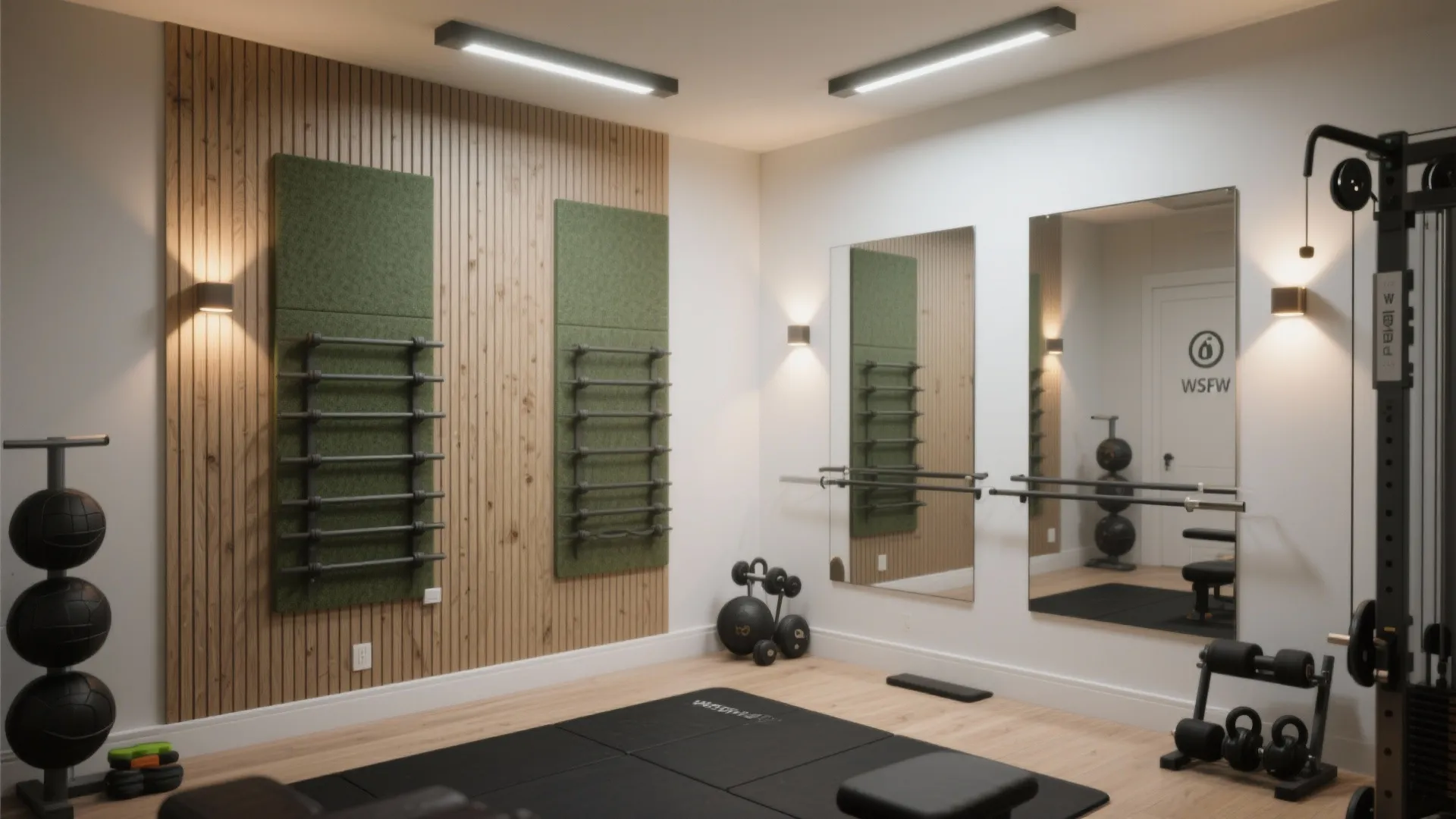 Home gym interior with wooden wall panels green padding wall lights large mirrors and exercise equipment