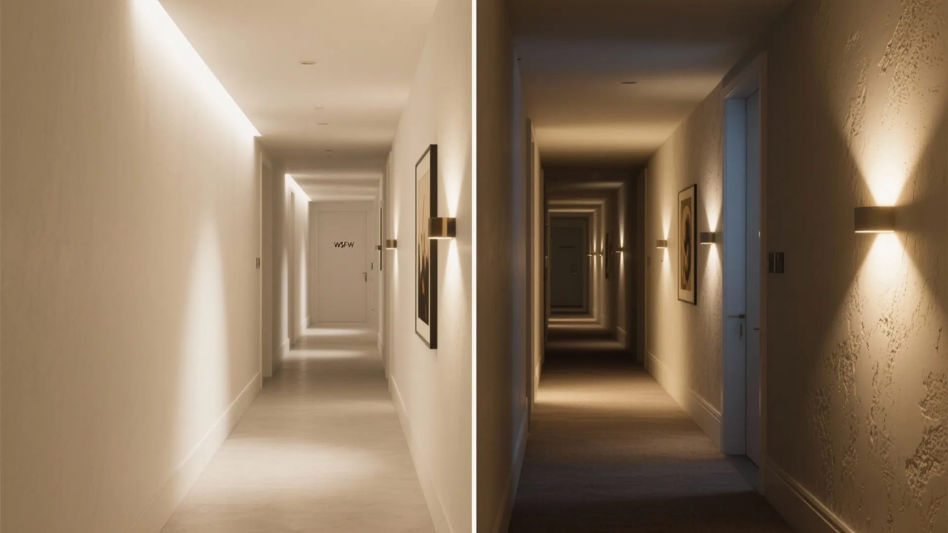 Side-by-side comparison of bright and dim hallway lighting with wall light fixtures and white walls
