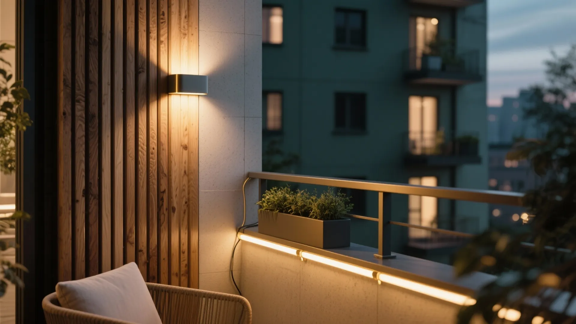 Modern balcony at night featuring warm wall light wood paneling railing light and cozy seating