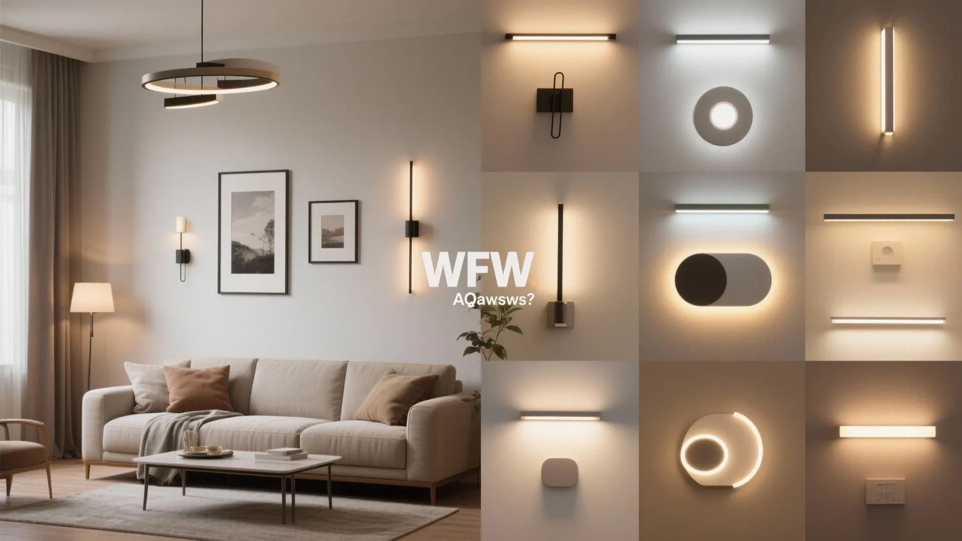 Collage of wall lighting solutions for small living rooms including sconces, washers, and picture lights.