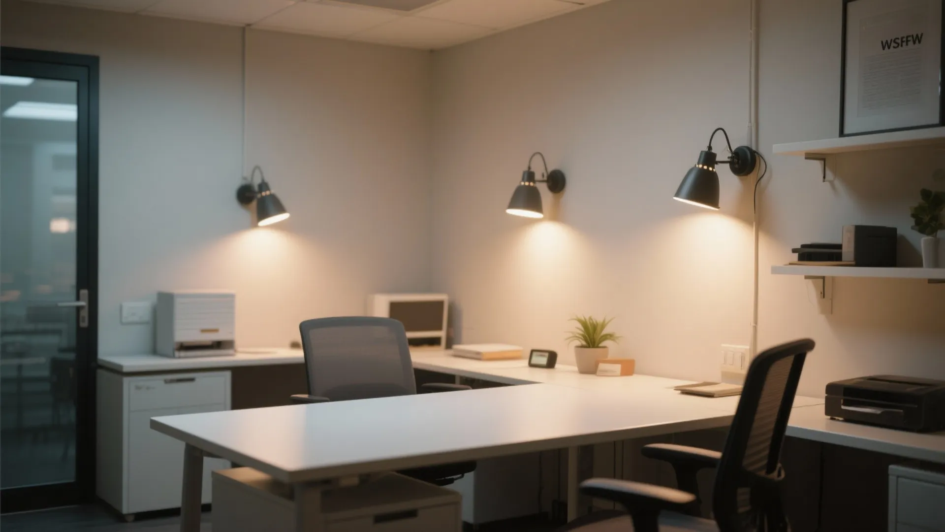 Minimalist home office interior with white desk black chairs and three black wall light fixtures glowing